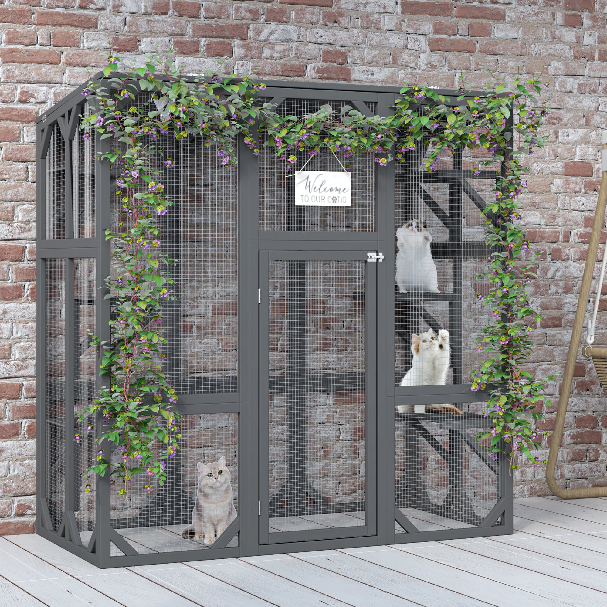 Catio Outdoor Cat Fence Cat House Wooden Cat Cage Six Platforms Large Entrance Door, Waterproof Roof 60 inches Grey