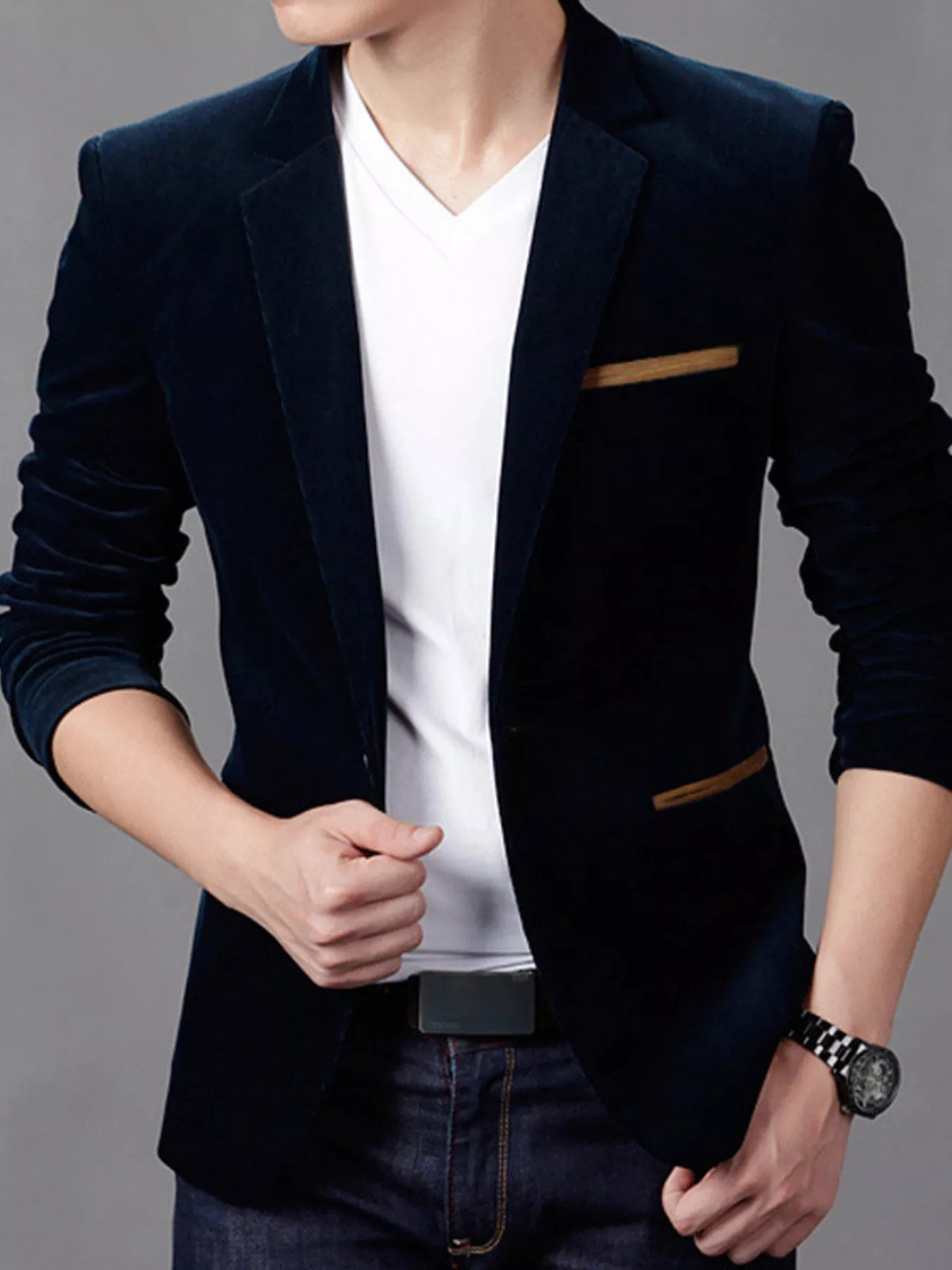 Slim fit velvet blazer, Dark Blue