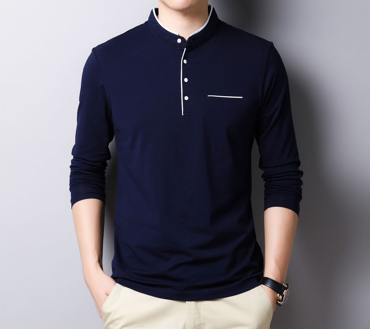 Band collar long sleeve henley, Navy, front