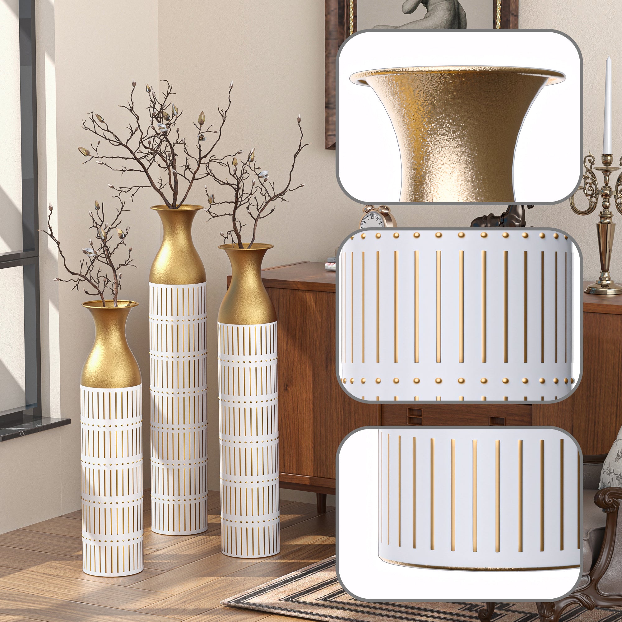 A set of 3 gorgeous white metal vases for home decoration, large glass metal vases 24 inches/28.7 inches/33.5 inches high