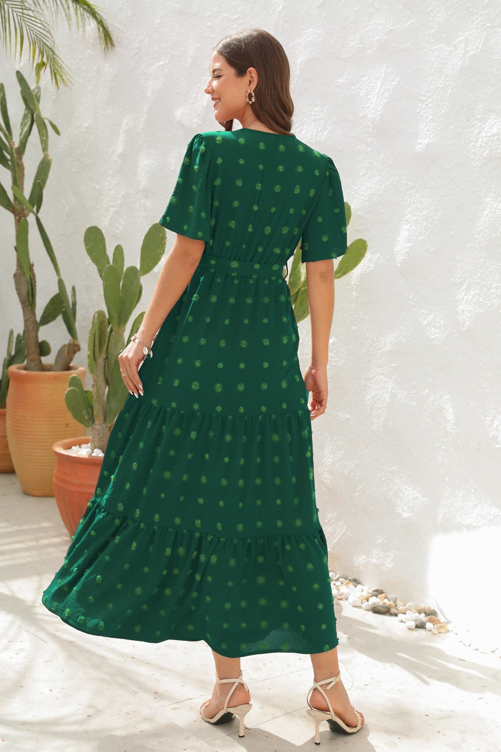 Swiss dot tied surplice short sleeve dress