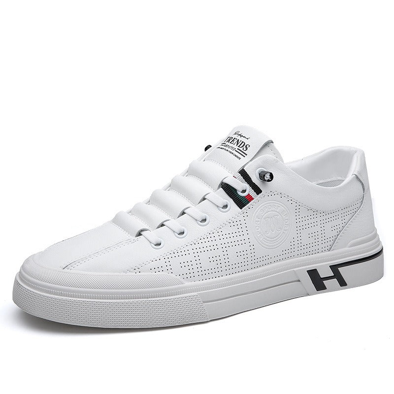 Summer hollowed out men's casual board shoes with soft leather sole and breathable single shoes, white shoes