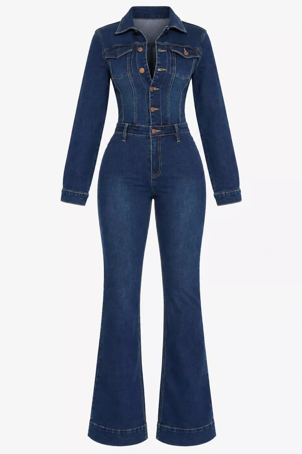 Flared denim jumpsuit, flat