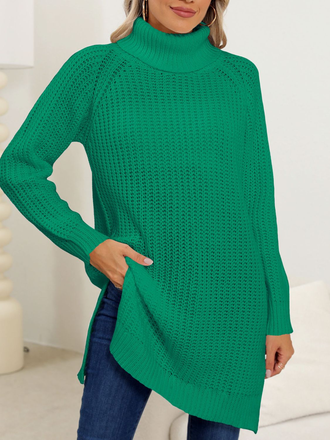 Slit turtleneck long sleeve sweater