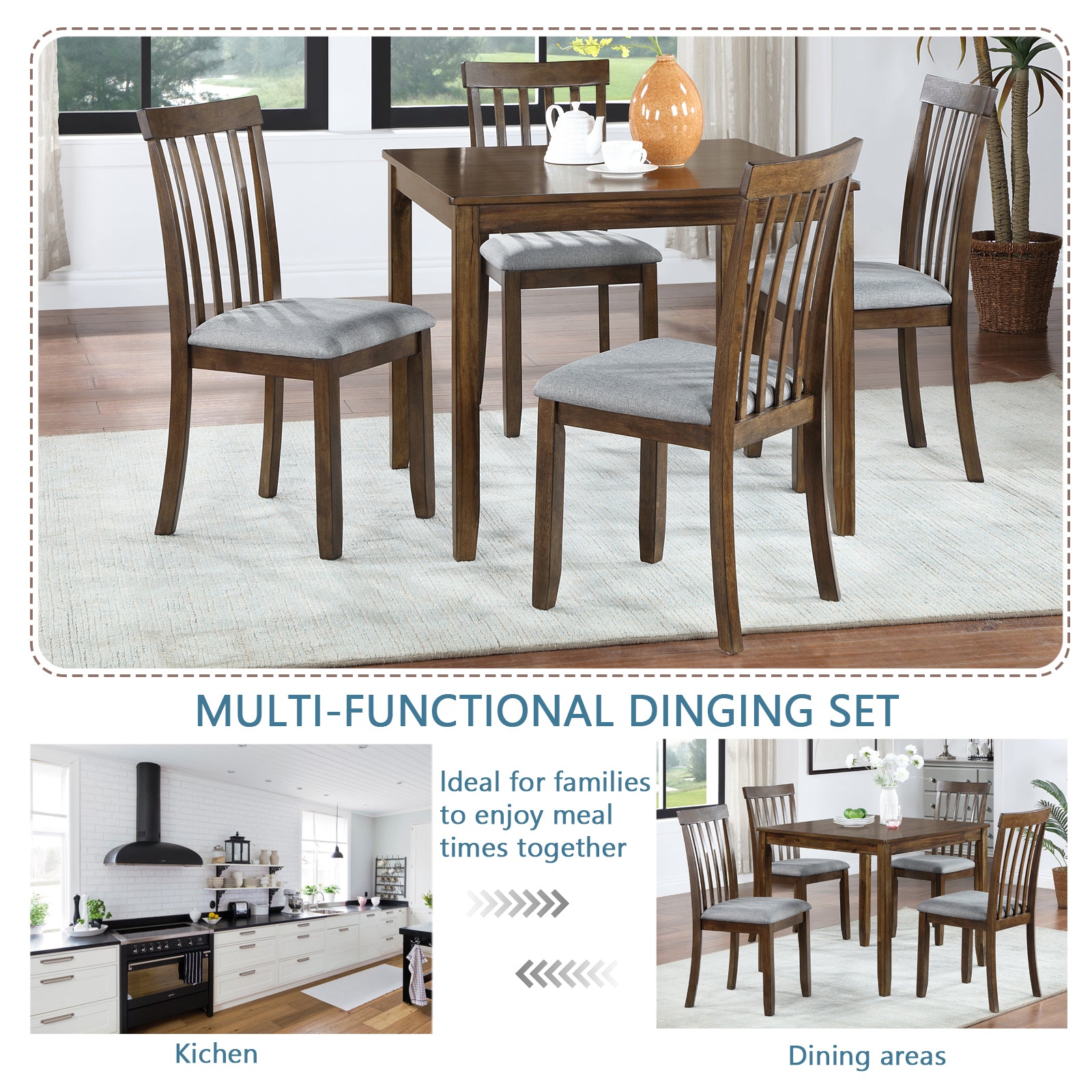 5 Piece Modern Dining Set, Square Wooden Dining Table with 4 Upholstered Chairs for Kitchen, Dining Room, Walnut