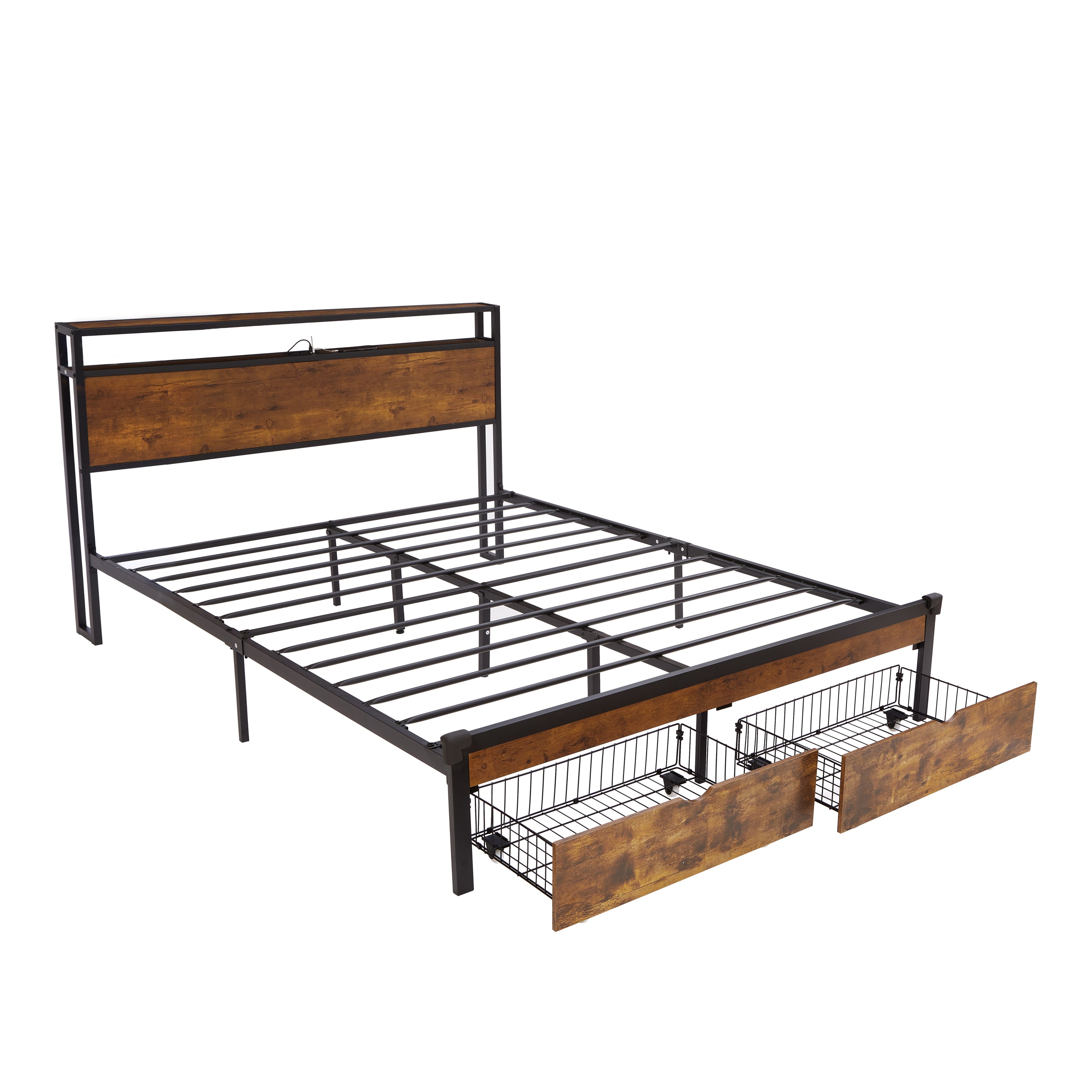 Large metal bed frame with wooden headboard and USB foot pedal, charging station, 2 drawers, LED lights, no need for box spring