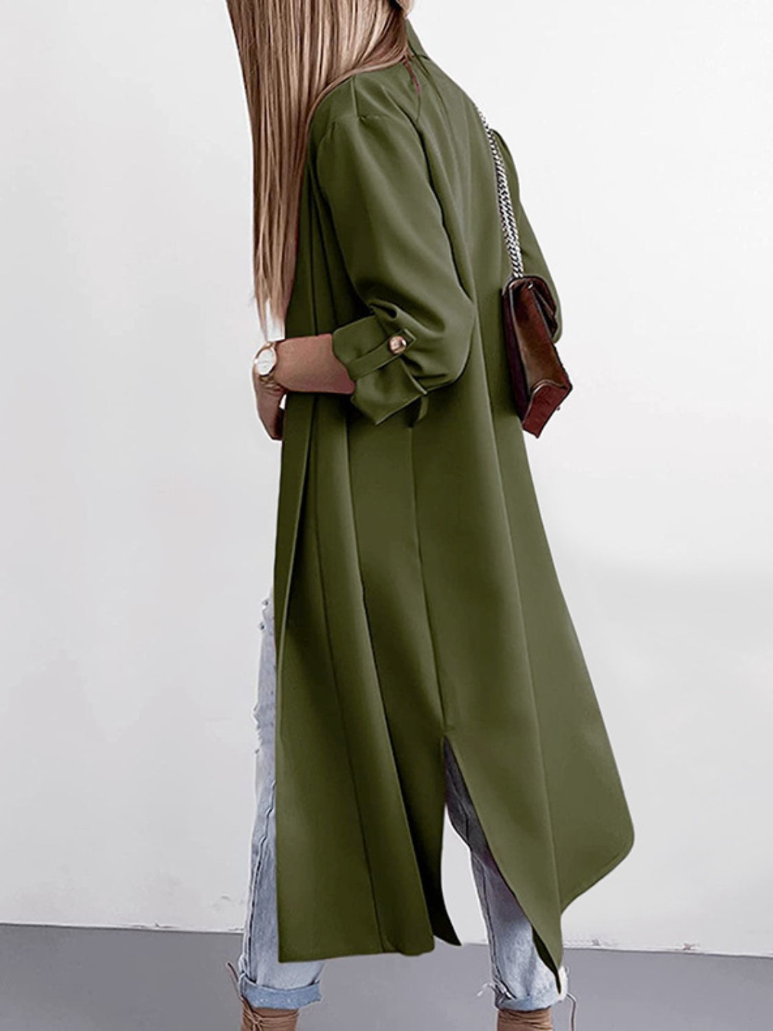 Slit open front roll-tab sleeve trench coat