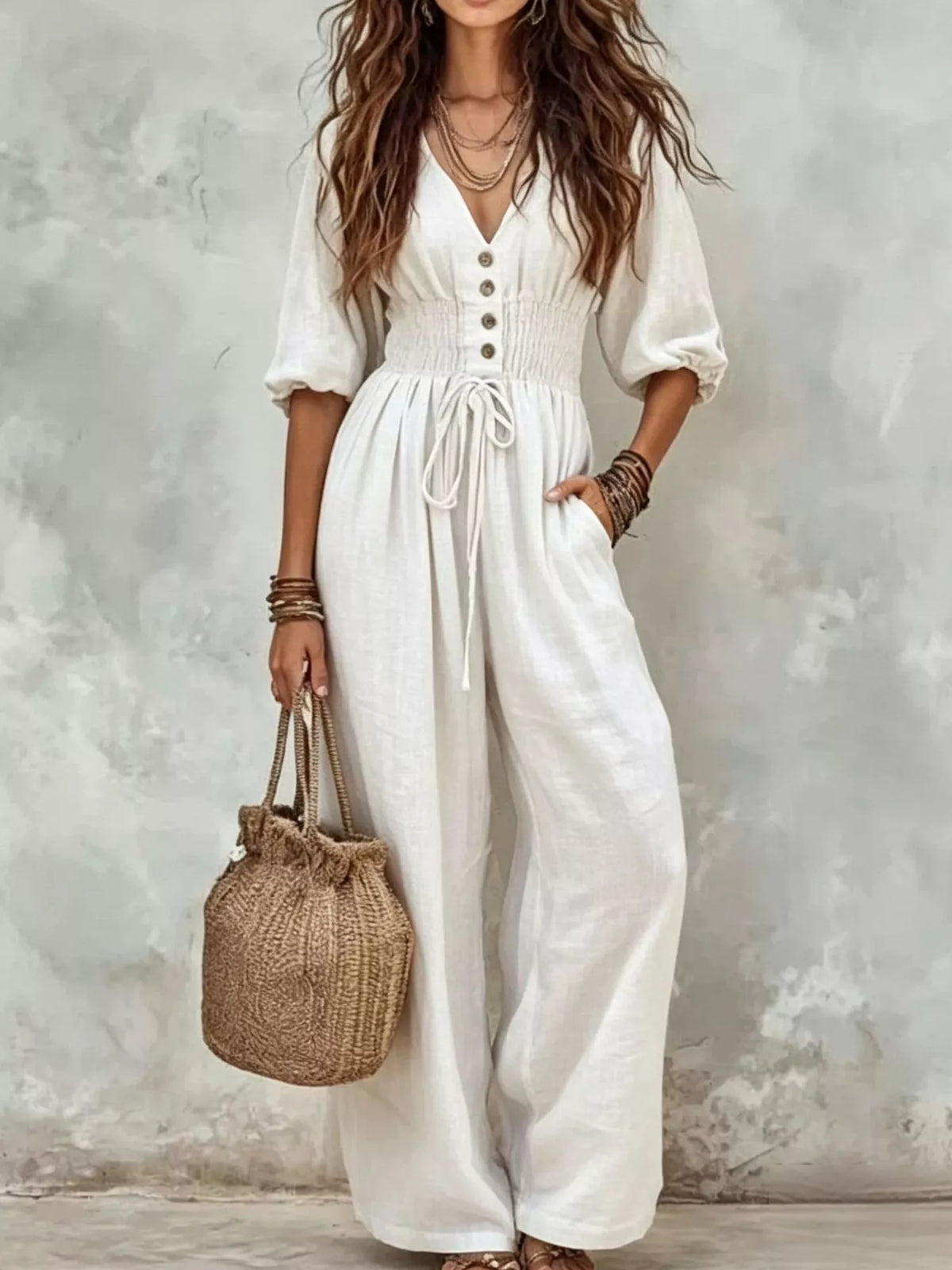 Smocked-waist wide-leg jumpsuit – white