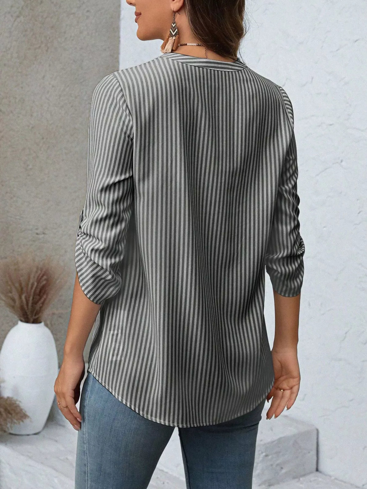 Striped roll-sleeve blouse