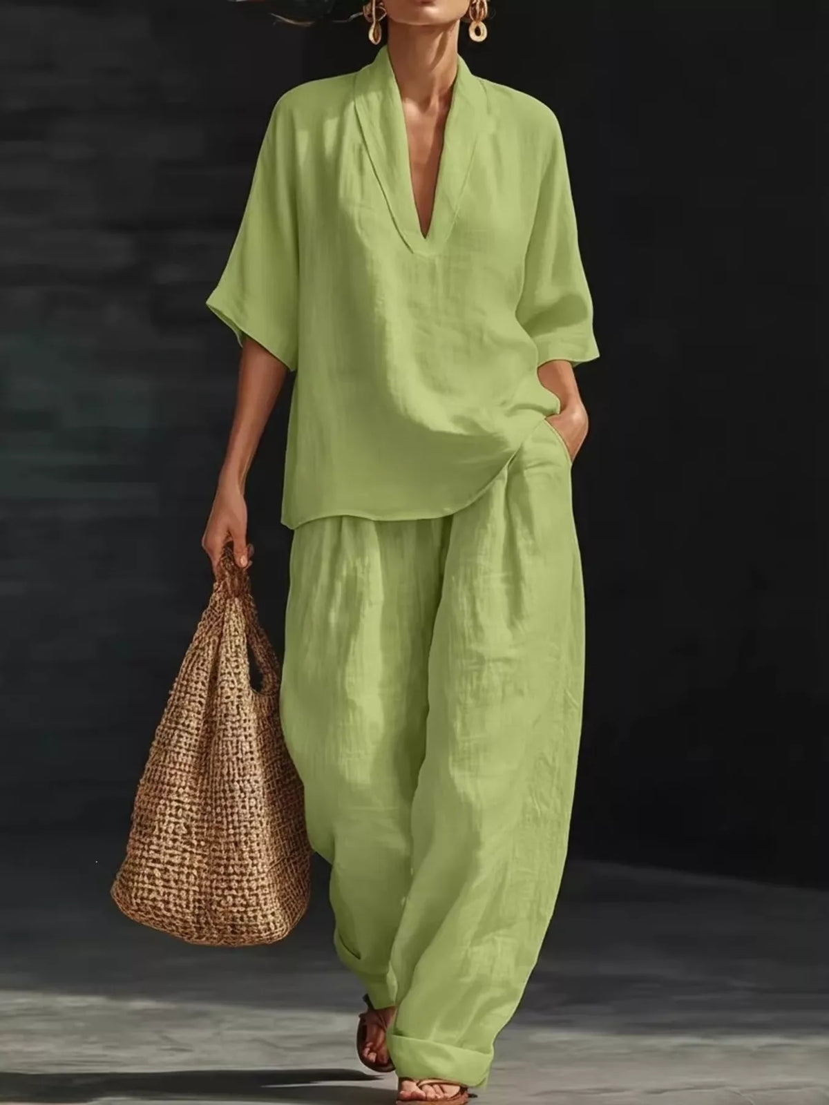 Half-sleeve wide-leg pants set – green