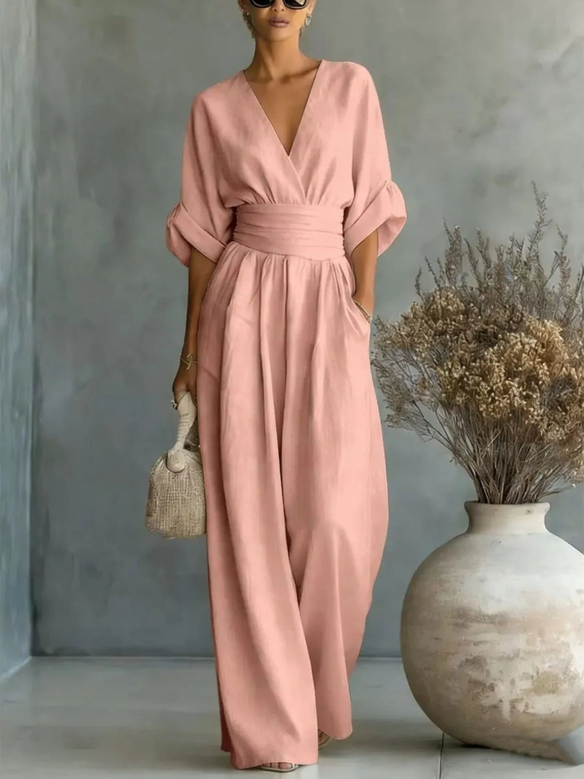 Half-sleeve wide-leg jumpsuit – dusty pink