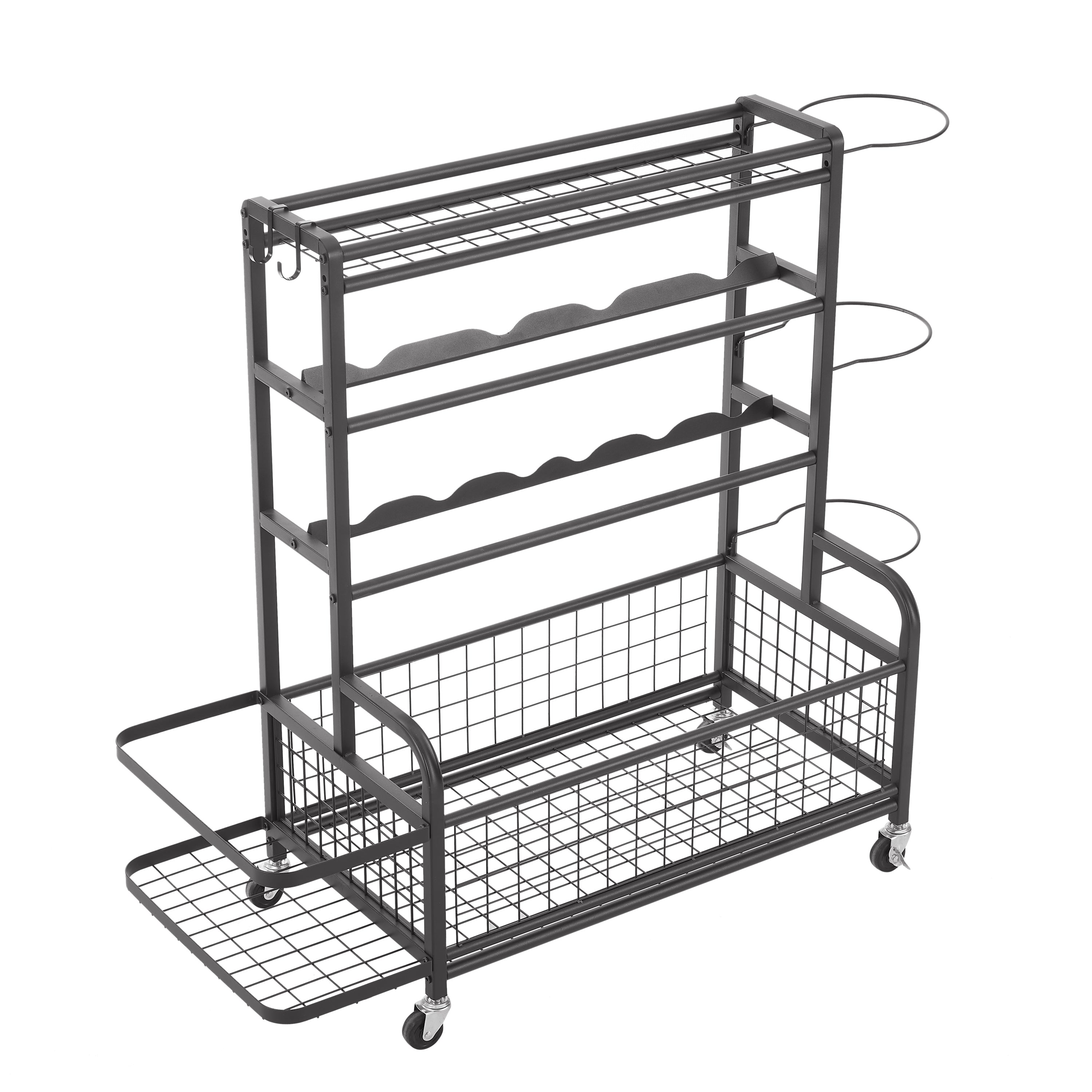 Four layer metal storage rack, large ball storage rack with rollers, baskets, and hooks