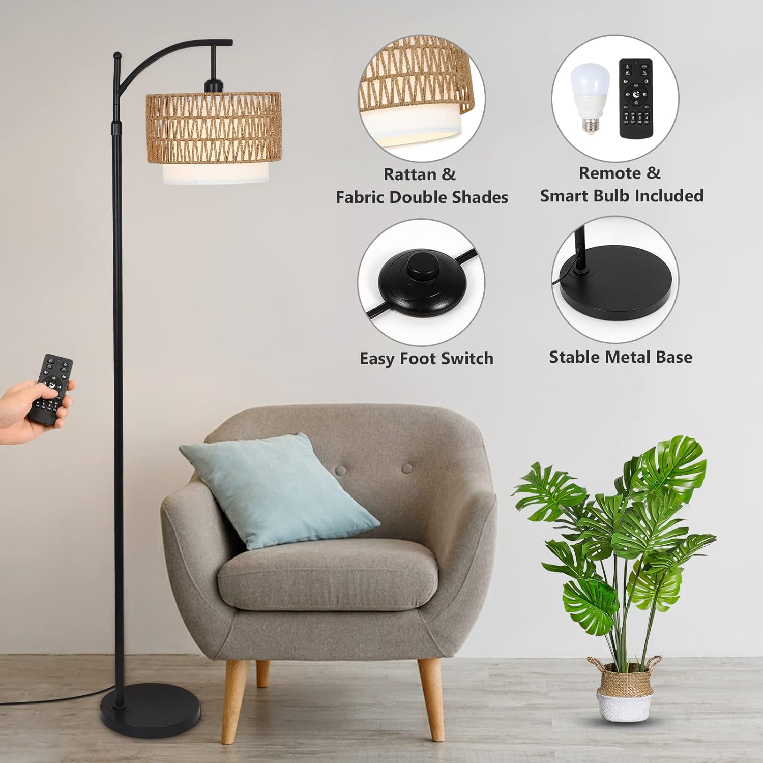 Arc Floor Lamp for Living Room with 3 Color Temperatures, Farmhouse Floor Lamps with Remote & Dimmable Bulb Office