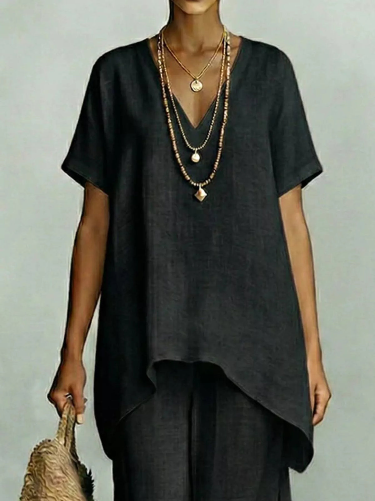 V-neck wide-leg pants set
