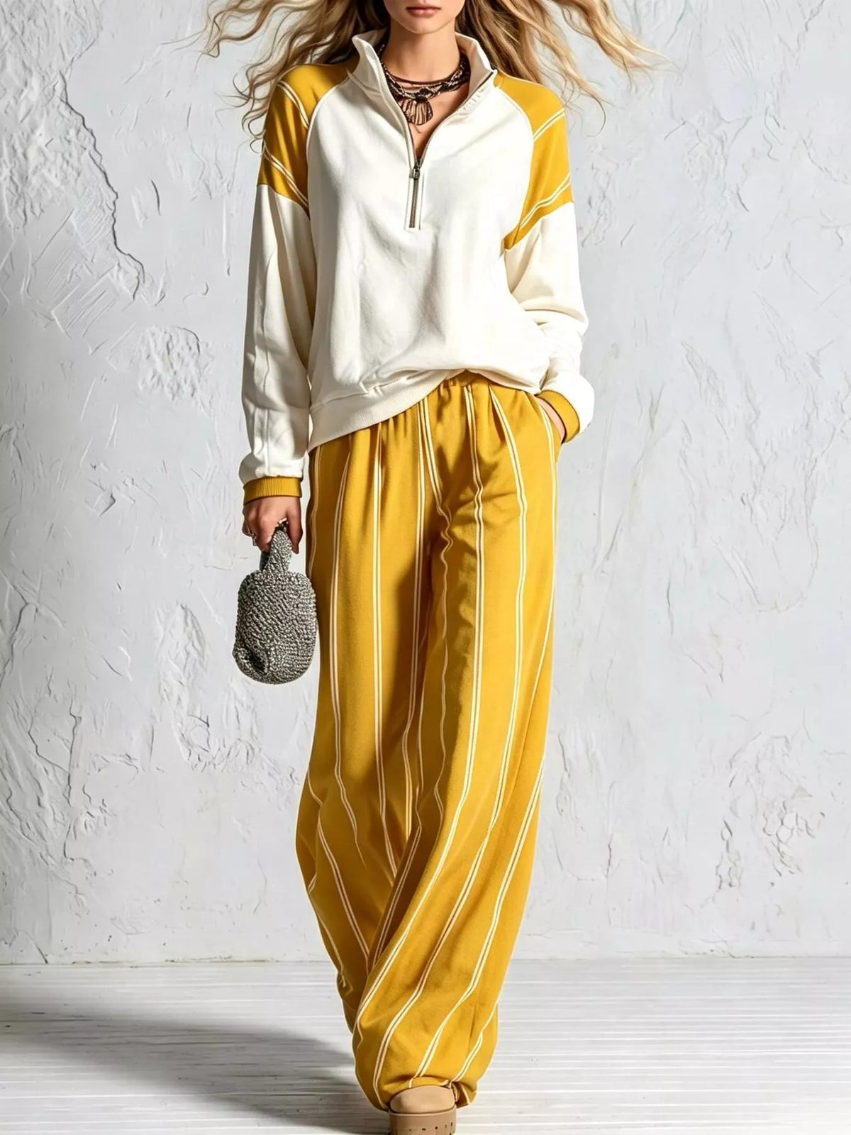 Quarter-zip and striped pants set – yellow