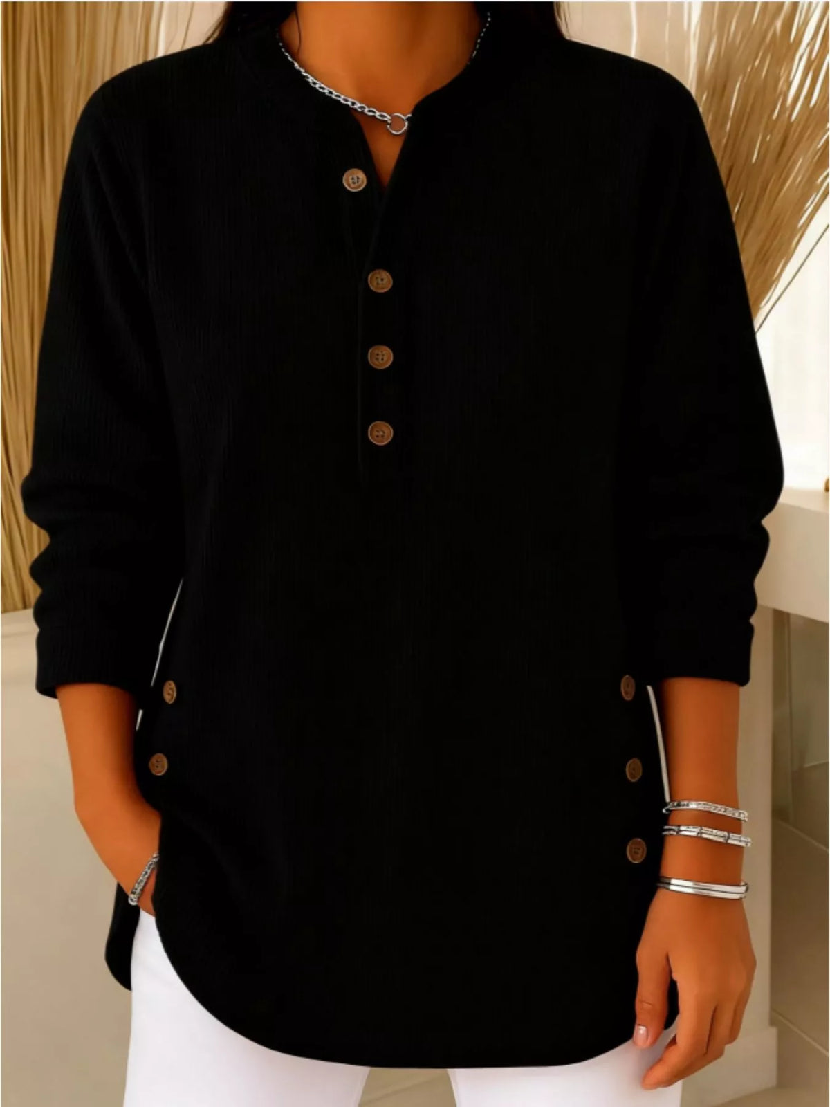 Corduroy button top – black