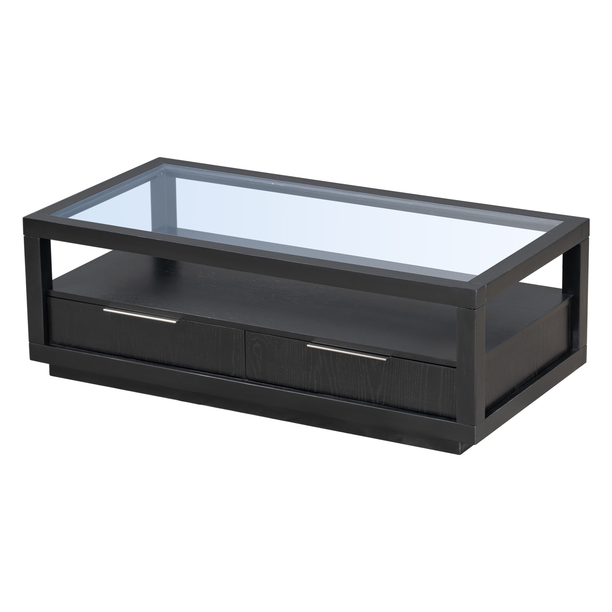 U-Can modern wooden coffee table with 2 drawers and minimalist display coffee table with transparent tempered glass