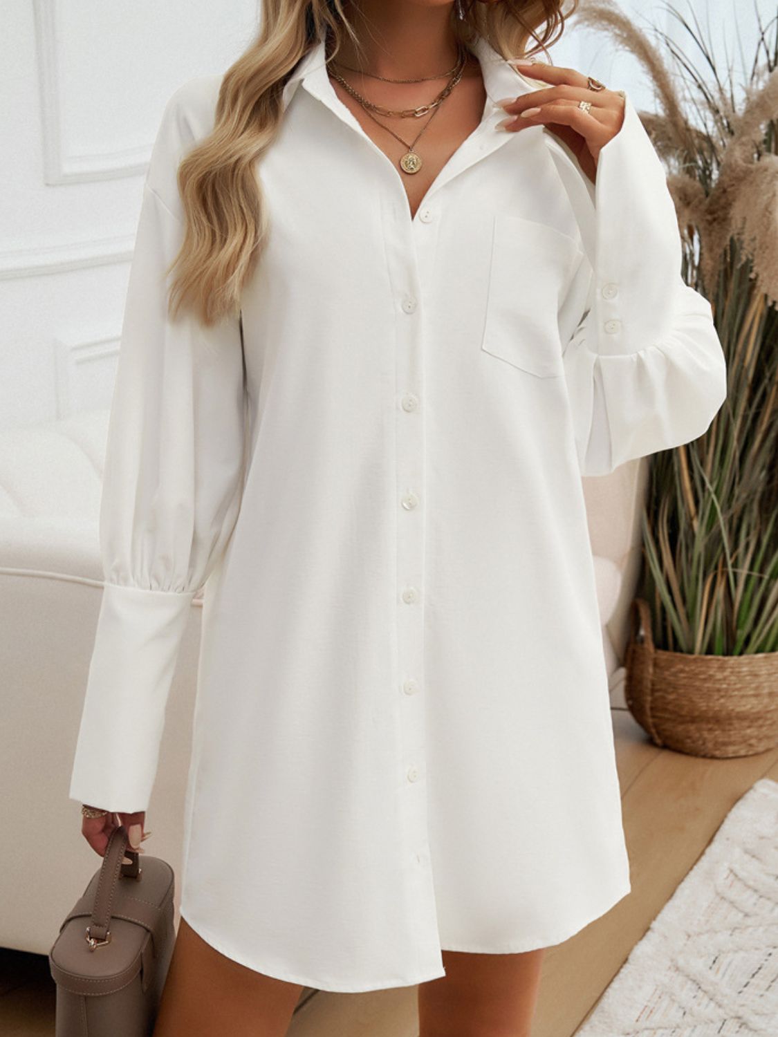 Button Up Lantern Sleeve Mini Shirt Dress