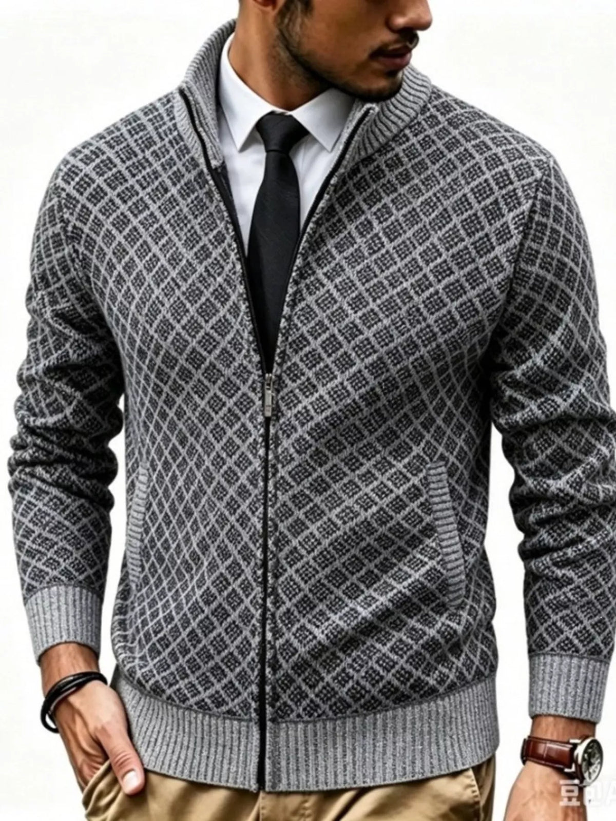 Geometric patterned full-zip cardigan, Gray
