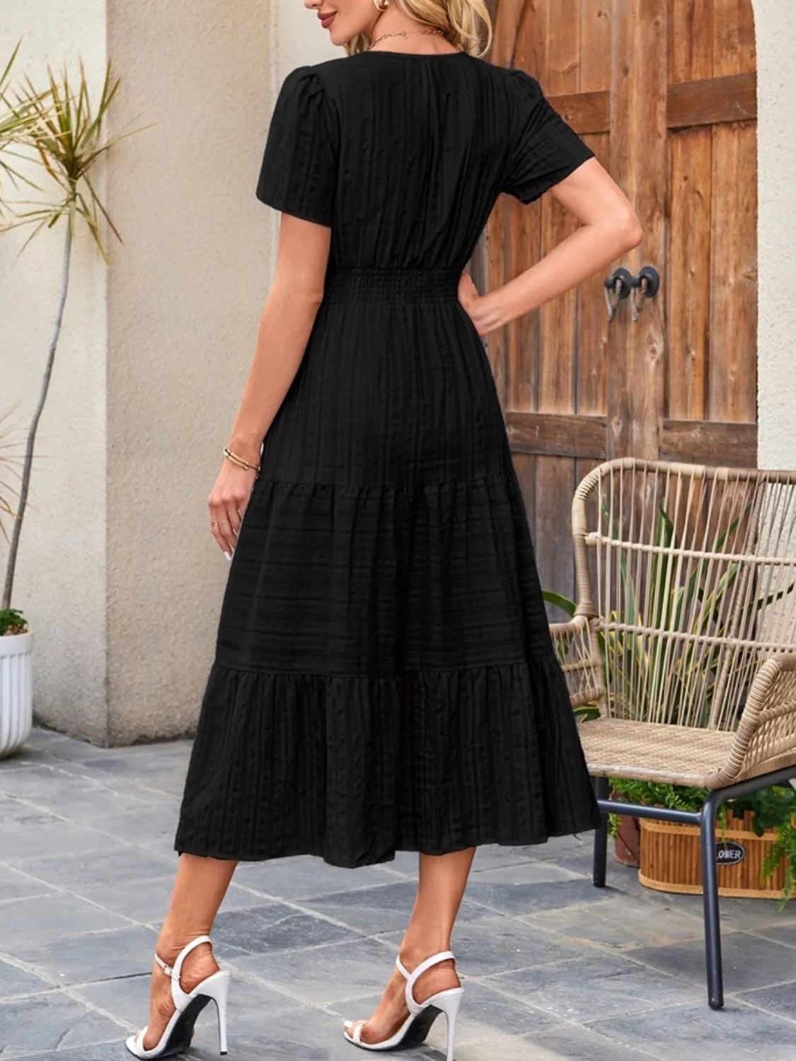 Tiered notched short sleeve dress