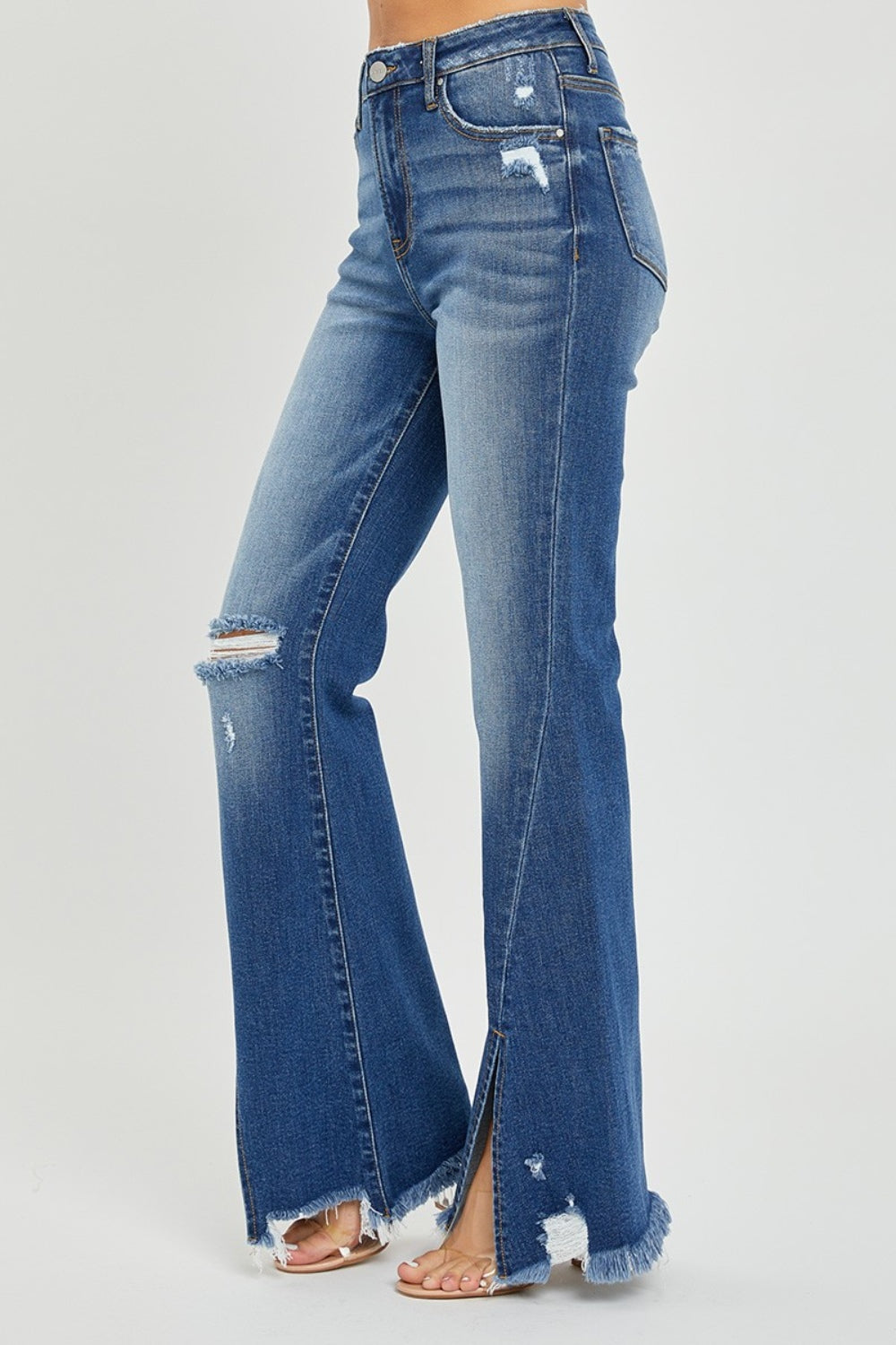 RISEN Full Size High Rise Front Slit Frayed Hem Flare Jeans