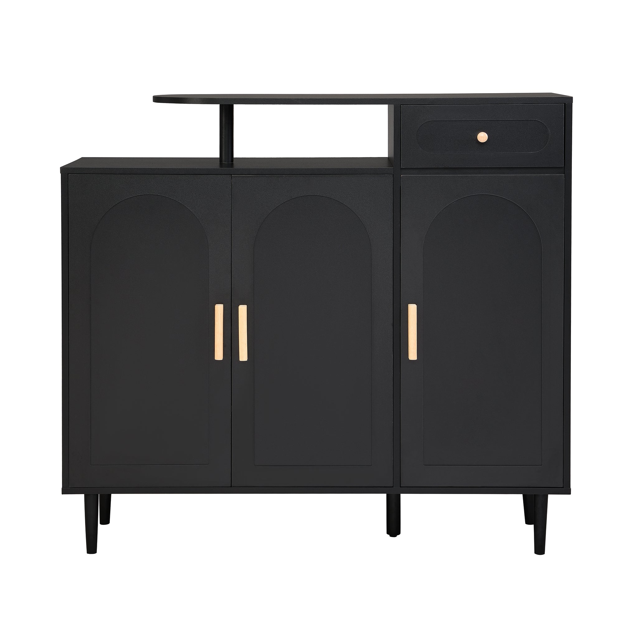 ON-TRANS Elegant Shoe Cabinet with Arched Doors and Drawers, Storage Side Panels, Adjustable Shelves and Solid Wood Legs, Black