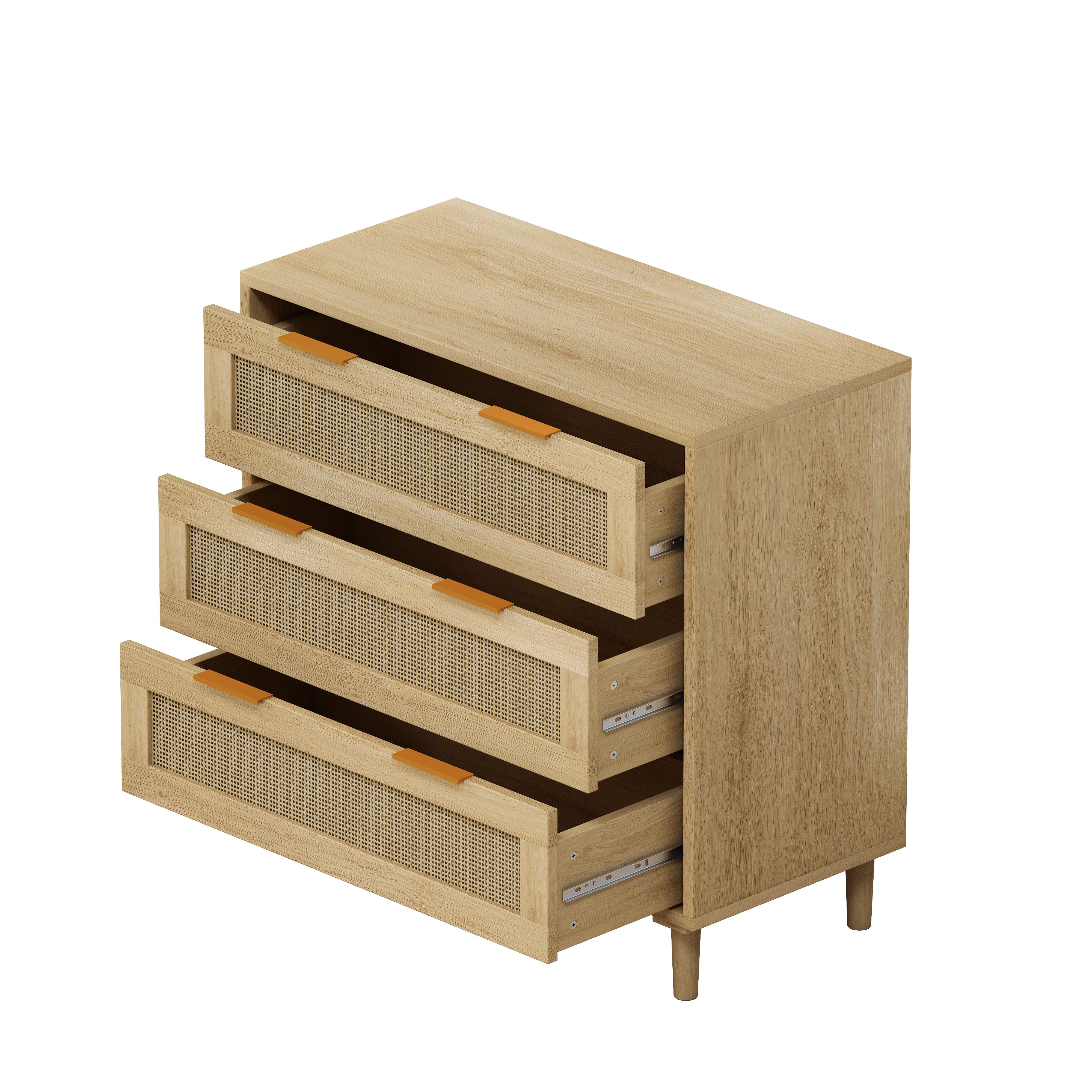 3-Drawers Rattan Storage Cabinet Rattan Drawer (Set of 2),for Bedroom,Living Room,Dining Room,Hallways,Oak