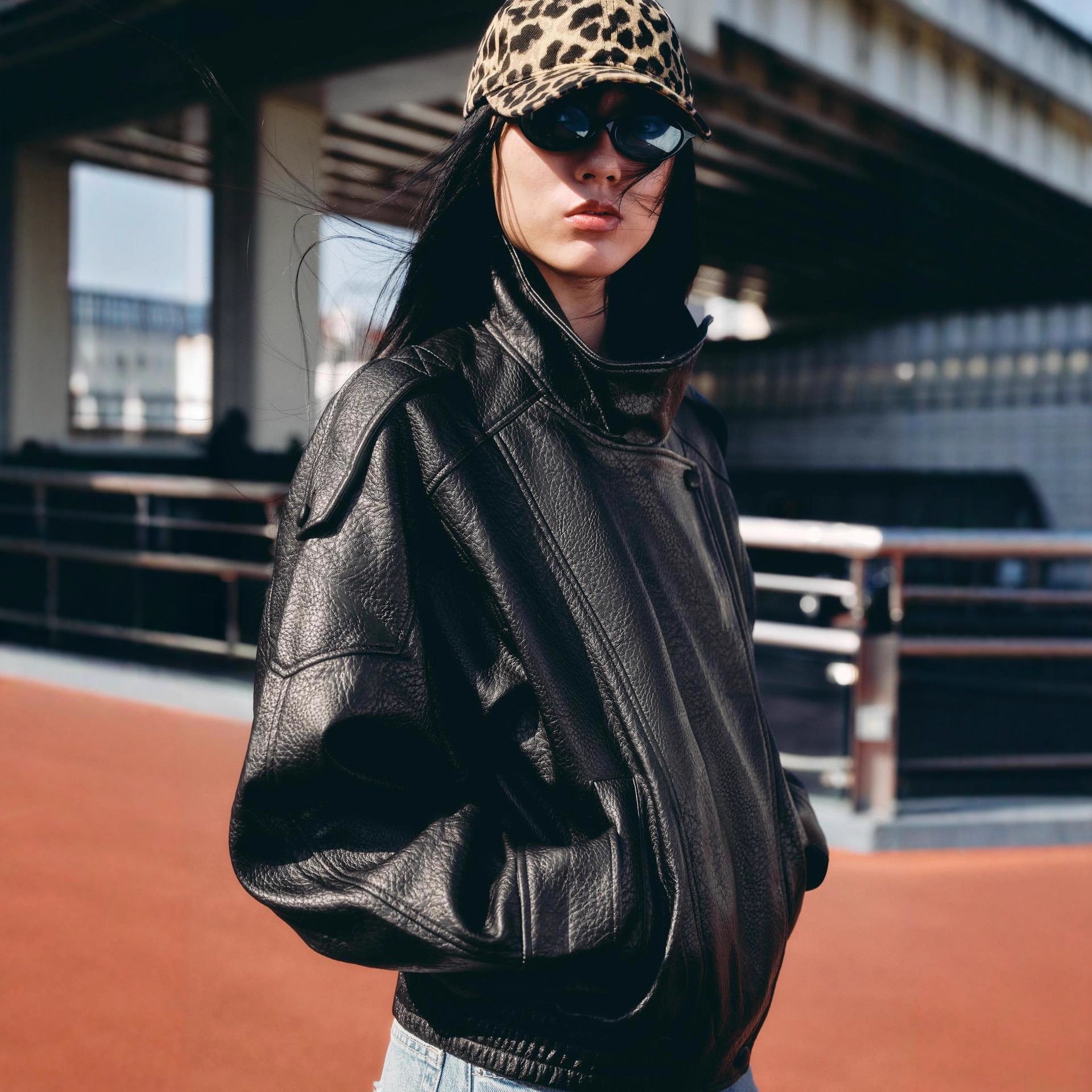 Fashionable Leather-Textured Solid Color Stand Collar Casual Jacket for Women