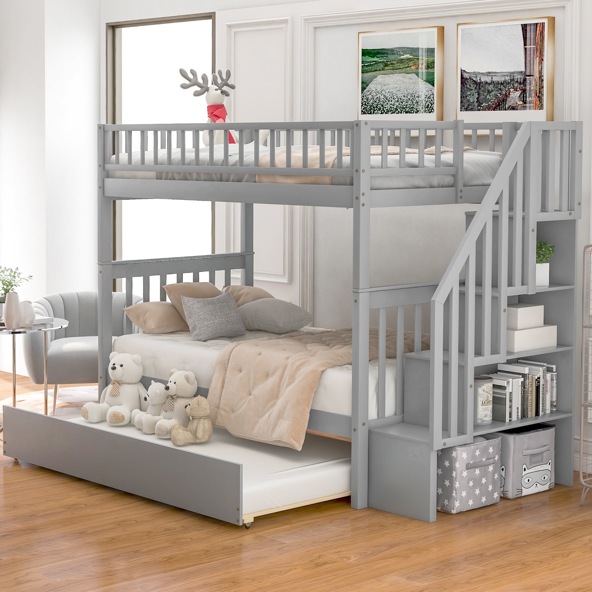 Twin over Twin Bunk Bed with Trundle and Storage  Gray