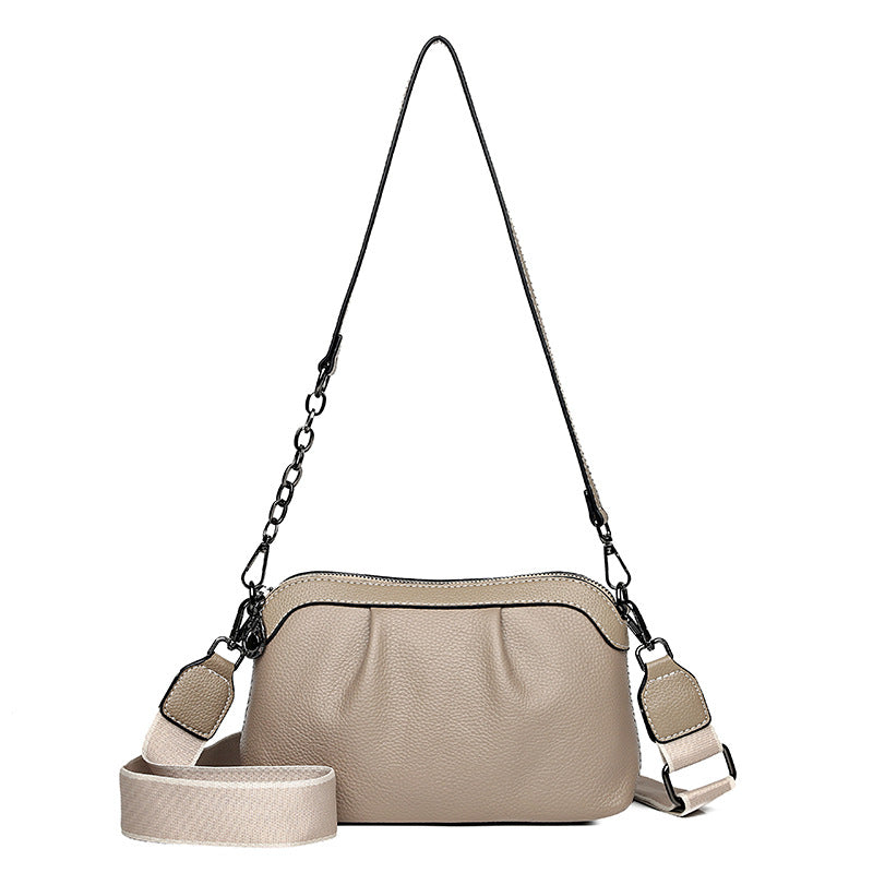 Pleated leather crossbody bag, Taupe, front with strap