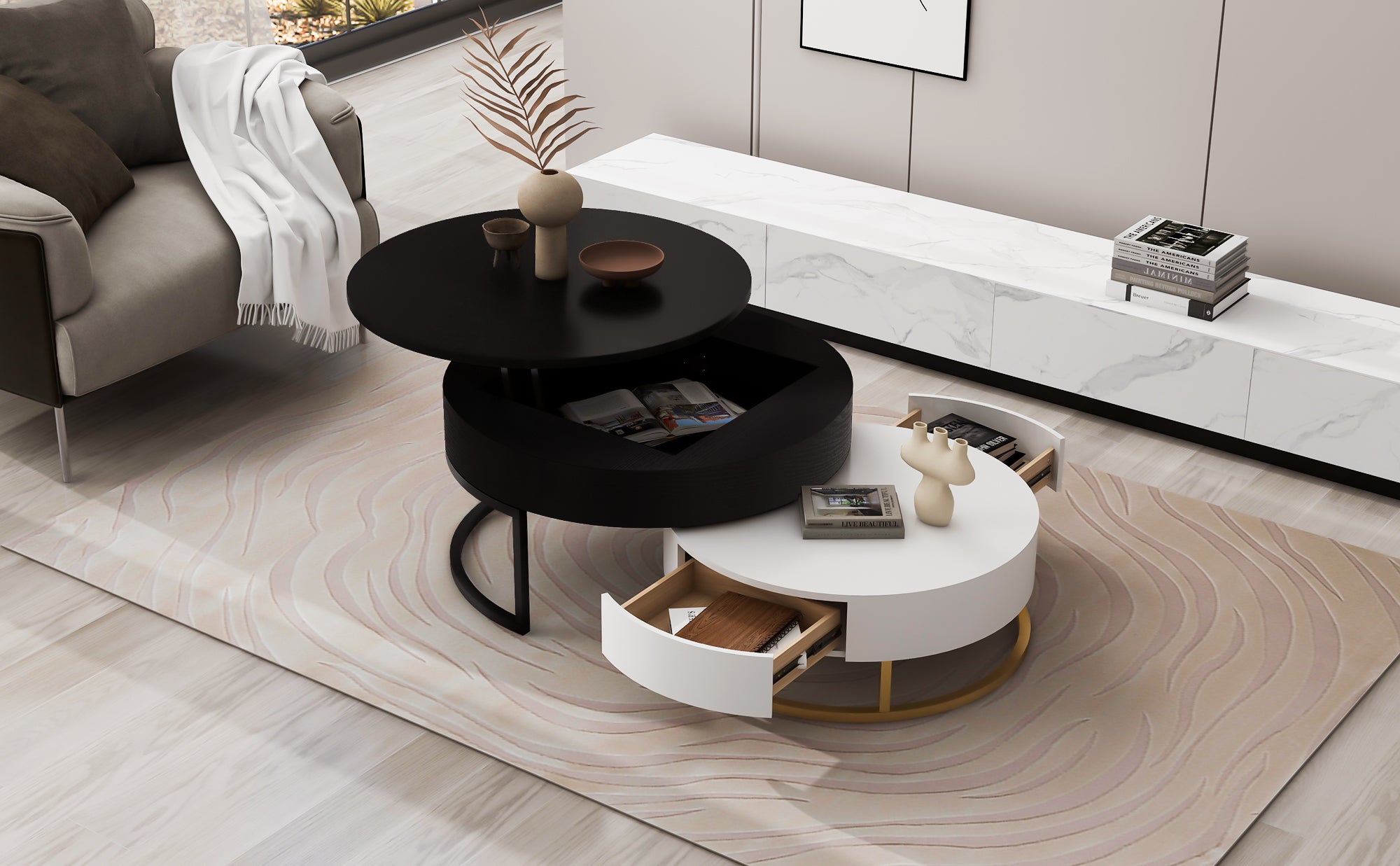 Modern Round Lift-top Nesting Coffee Tables with 2 Drawers White & Black