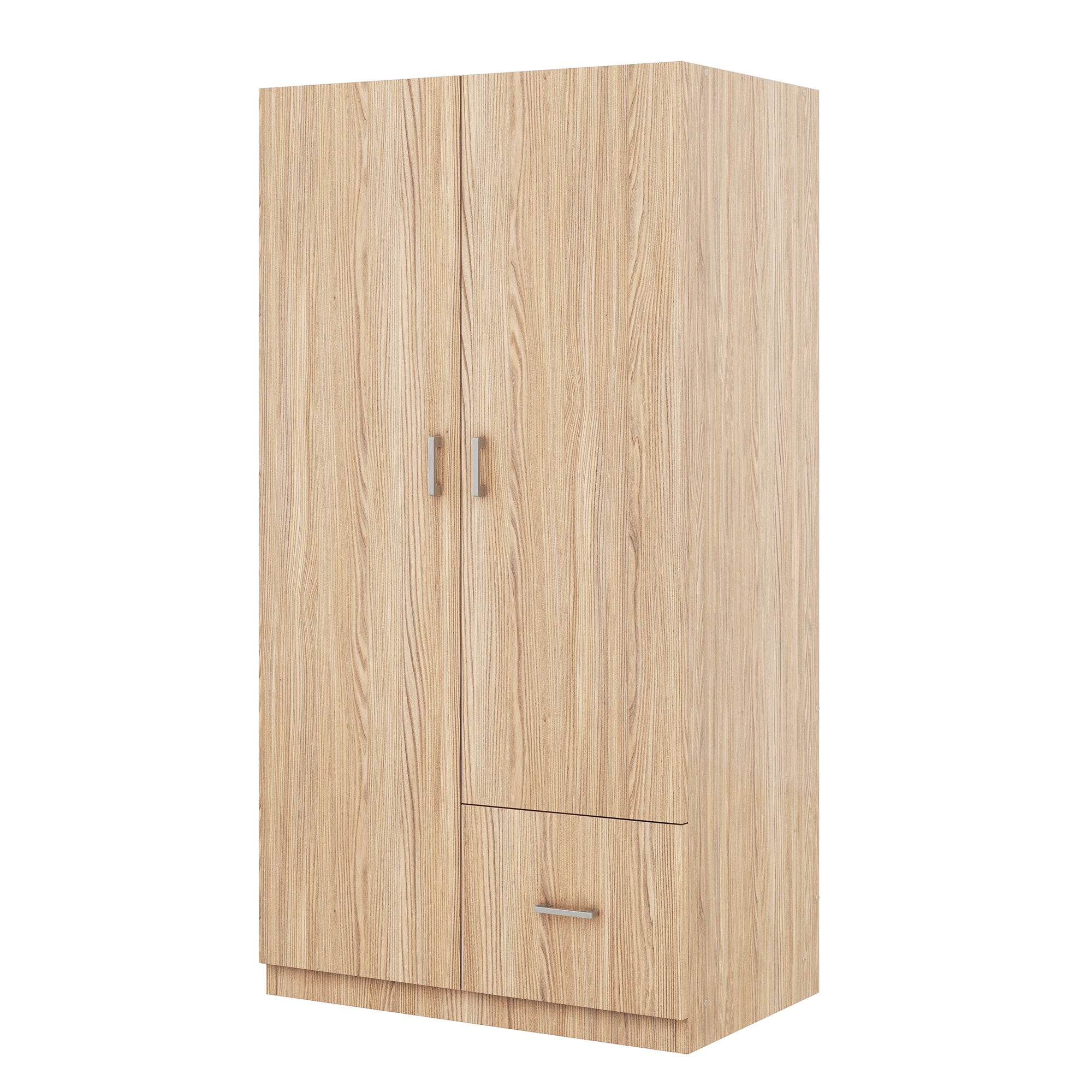 Wooden Wardrobe with Double Doors, Armoire with Hanging Rod, 5 Fixed Shelves, One Storage Drawer,Natural