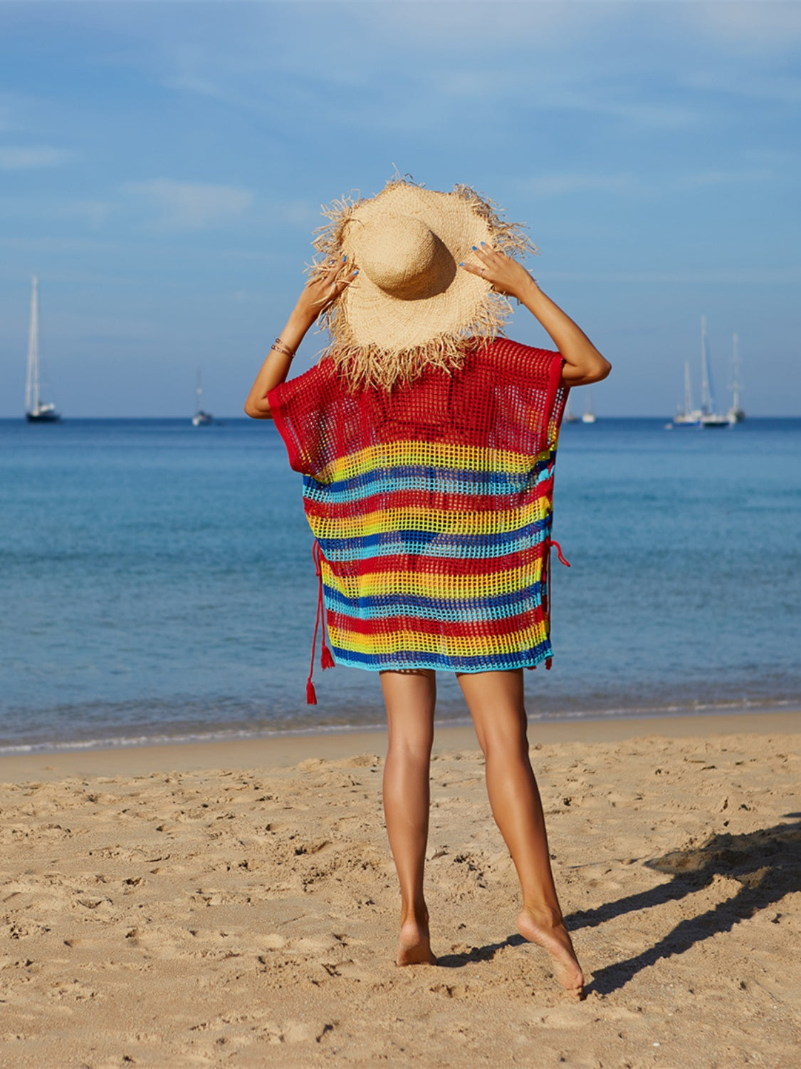 Angel Wings Cutout Striped Cover-Up with Tassel