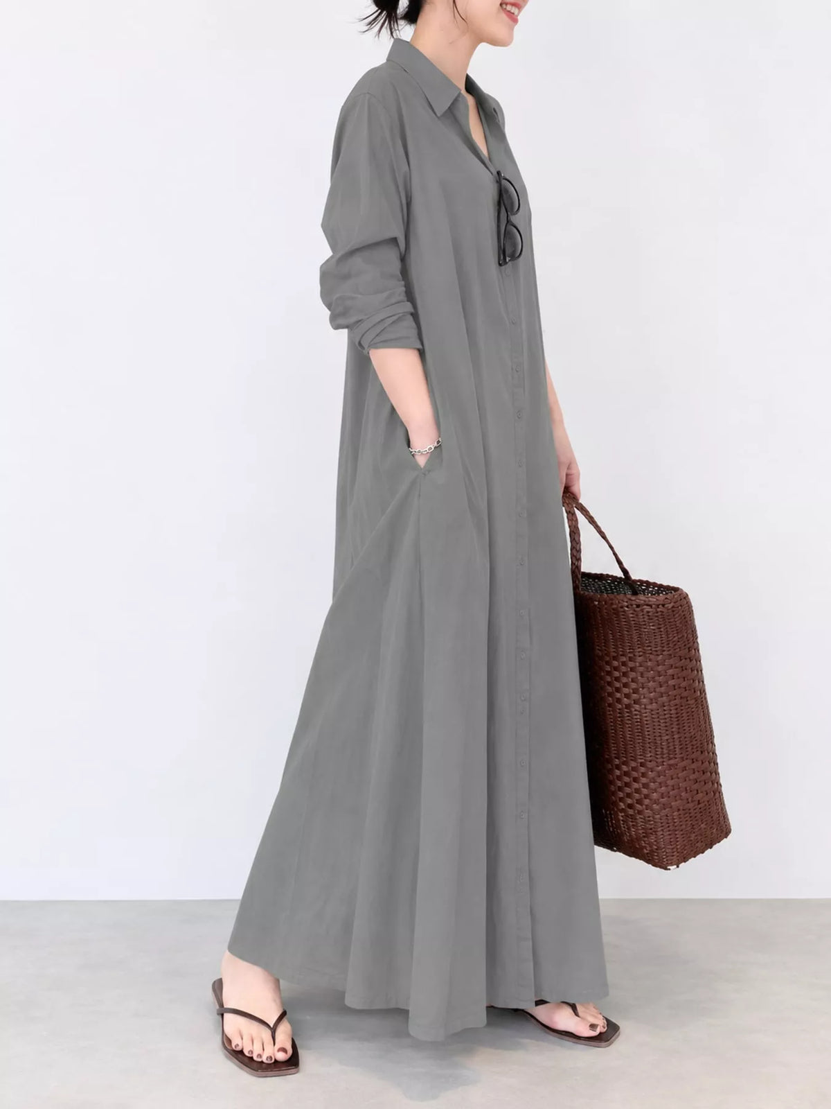 Button front long sleeve maxi shirt dress