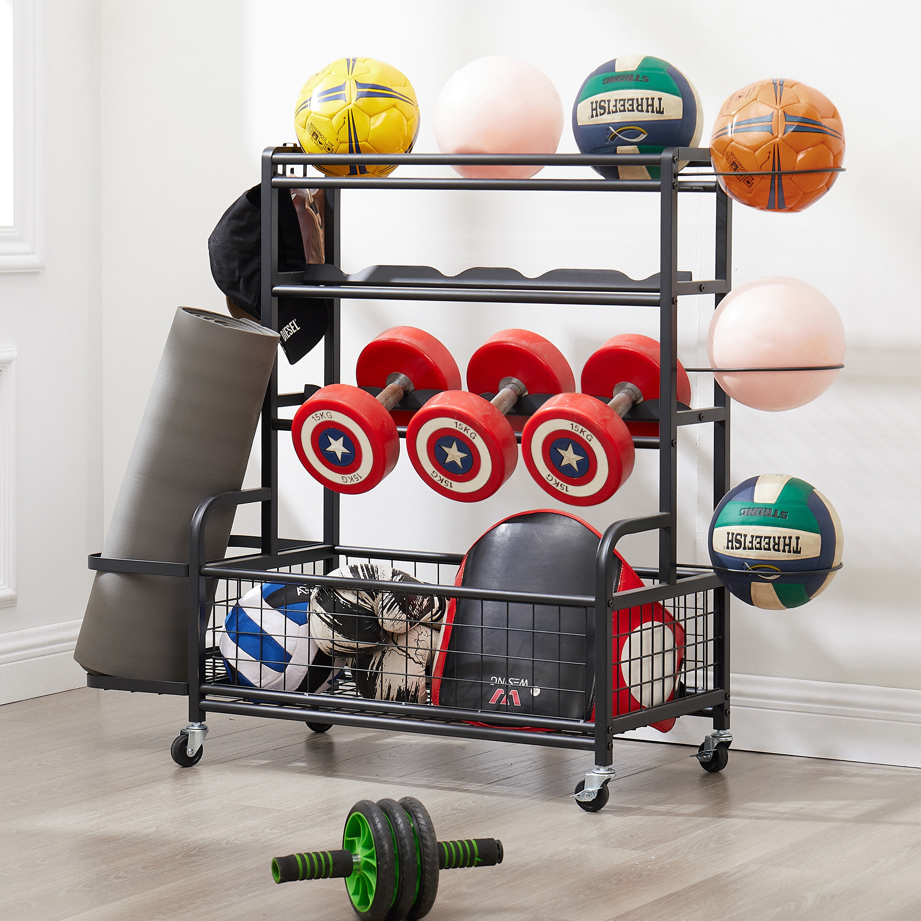 Four layer metal storage rack, large ball storage rack with rollers, baskets, and hooks