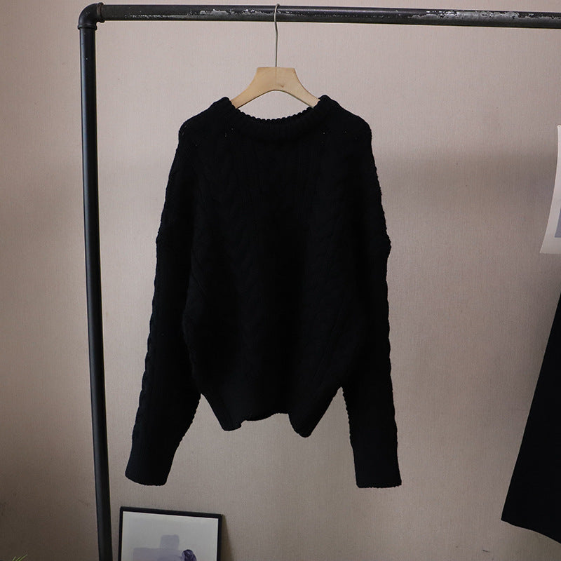 Round Neck Cable Knit Loose Lazy Versatile Thick Knitted Sweater for Women