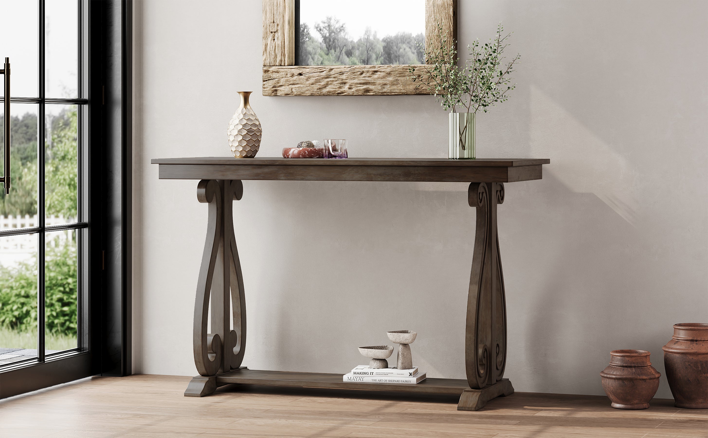 48-Inch Rustic Vintage Console Table --- Farmhouse Style Entryway Table with Open Shelf and Sturdy Construction (Walnut)