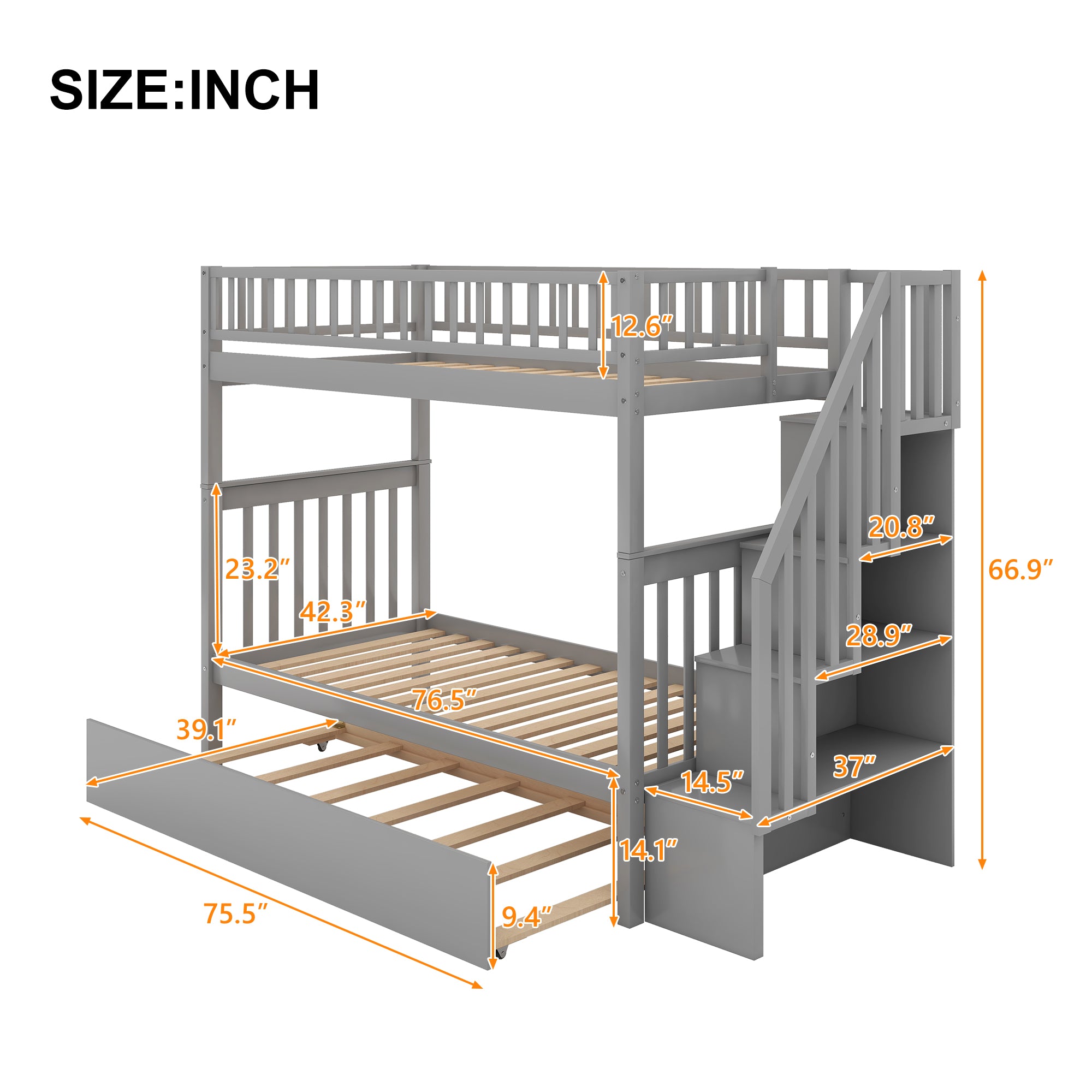 Twin over Twin Bunk Bed with Trundle and Storage  Gray