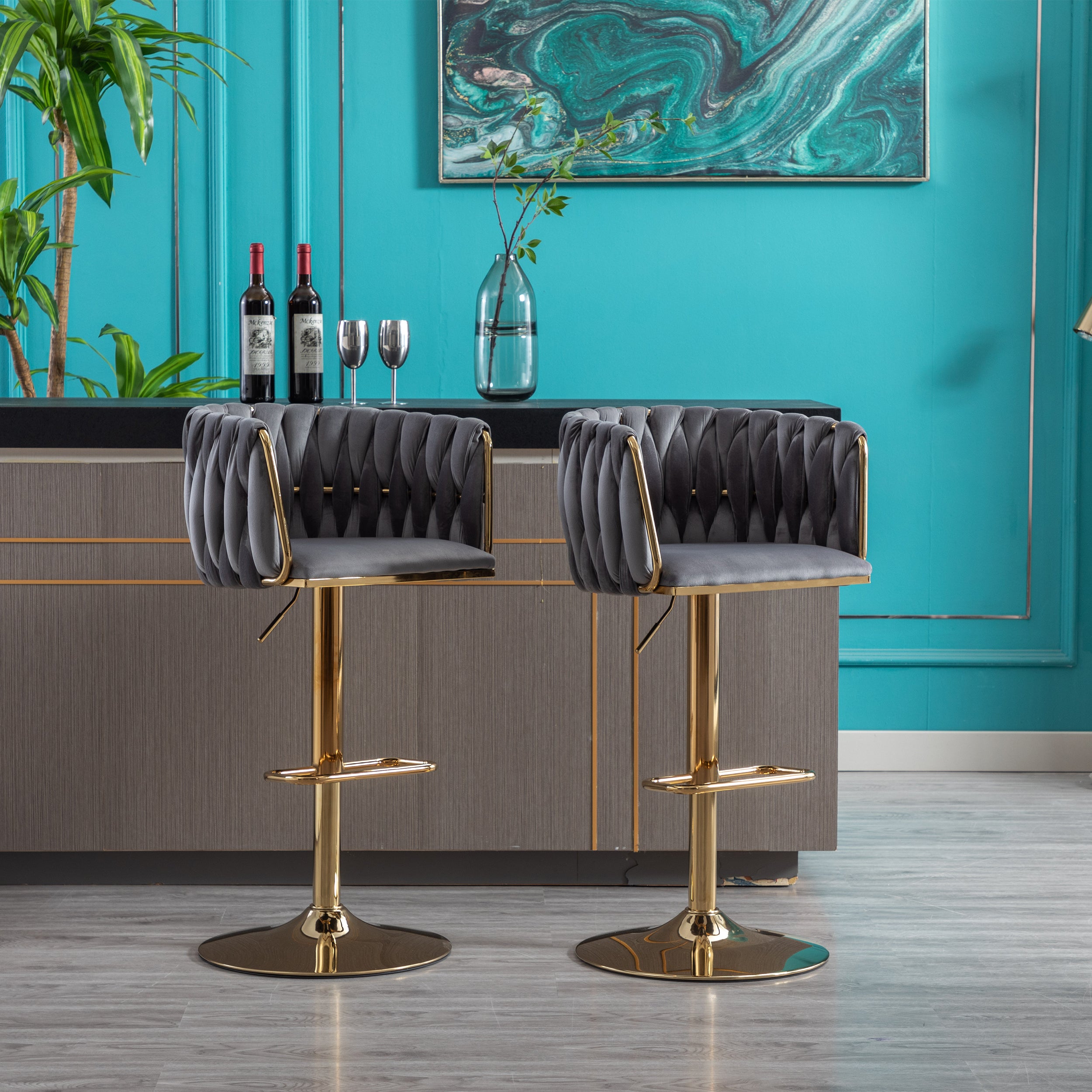 Set of 2 Bar Stools with Chrome Footrest and Base Swivel Height  Velvet + Golden Leg Simple Bar Stool-Grey