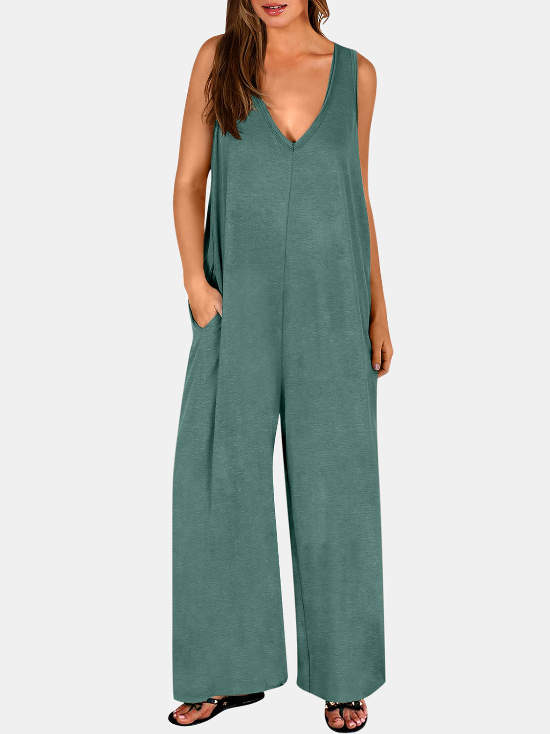 V-neck wide strap jumpsuit