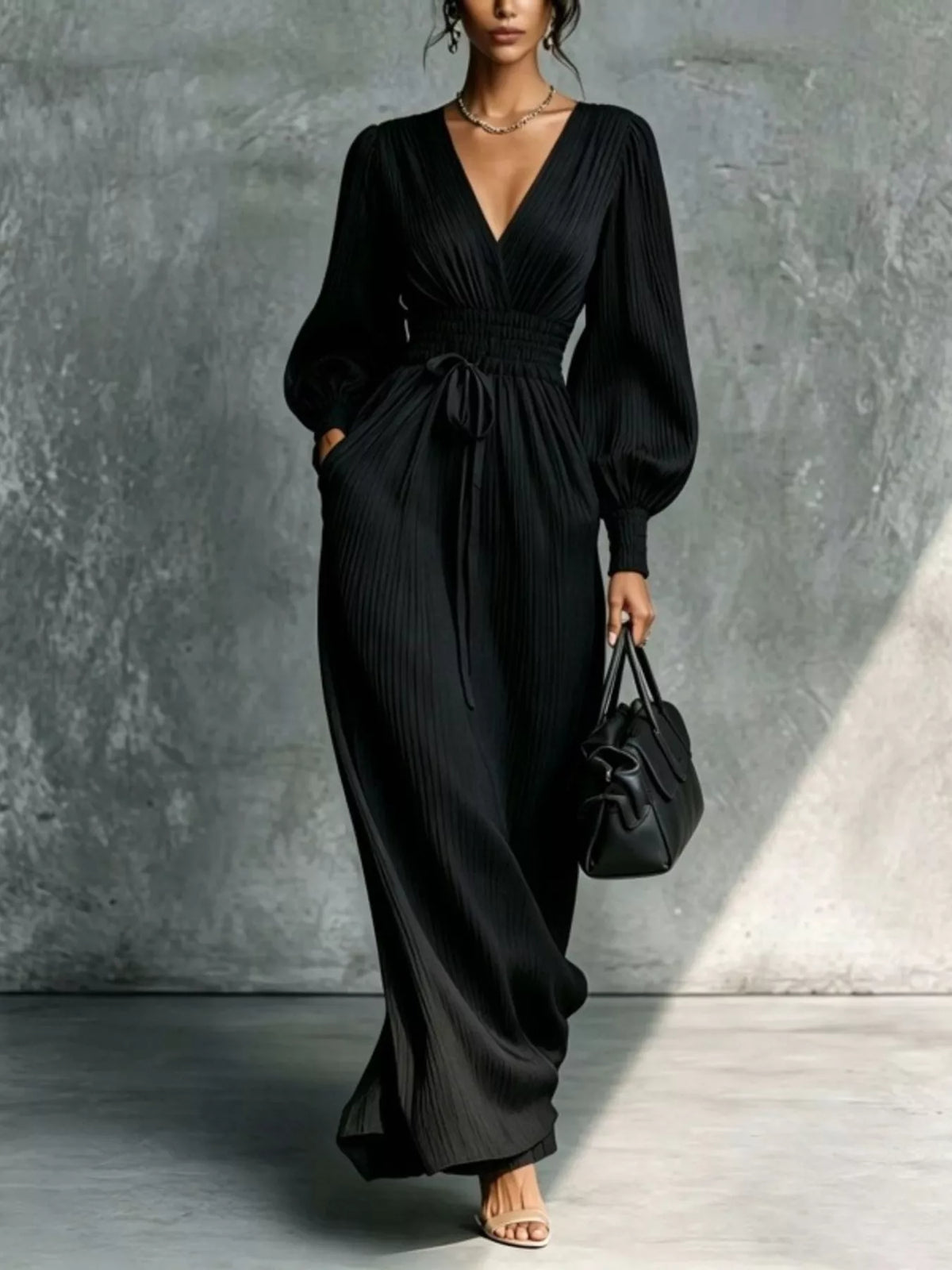 Elegant pleated V-neck maxi dress with lantern sleeves and tie-waist