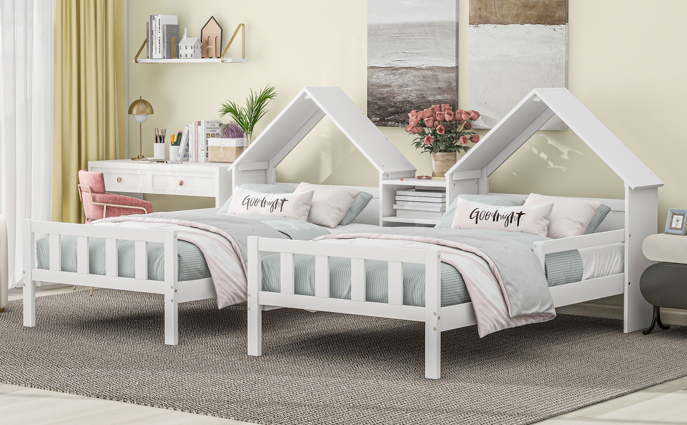 Double Twin Size Platform Bed with House-shaped Headboard and a Built-in Nightstand, White