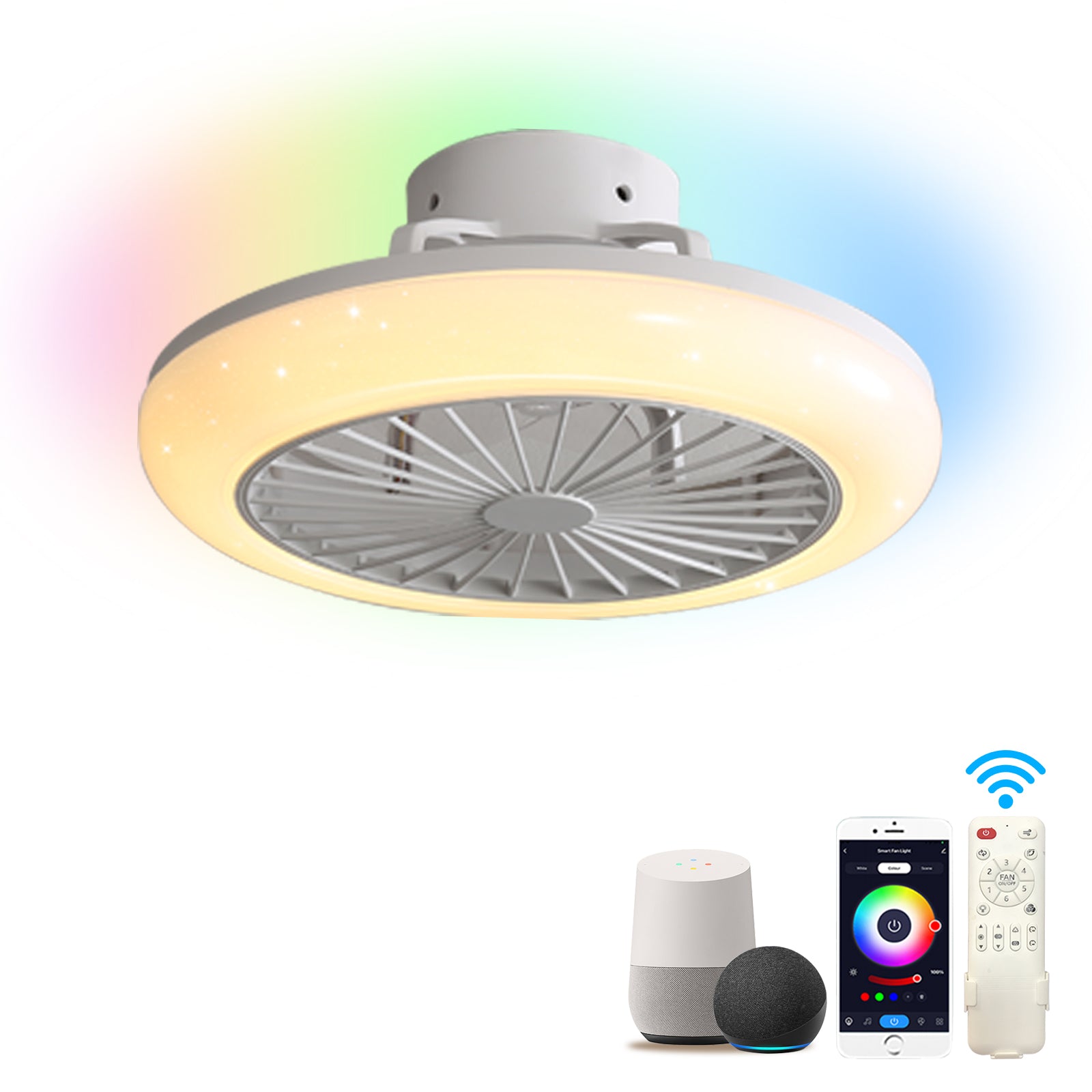 18" Smart LED Bladeless Ceiling Fans Remote with Alexa/Google, Modern Flush Mount RGB Ceiling Fan for Bedroom