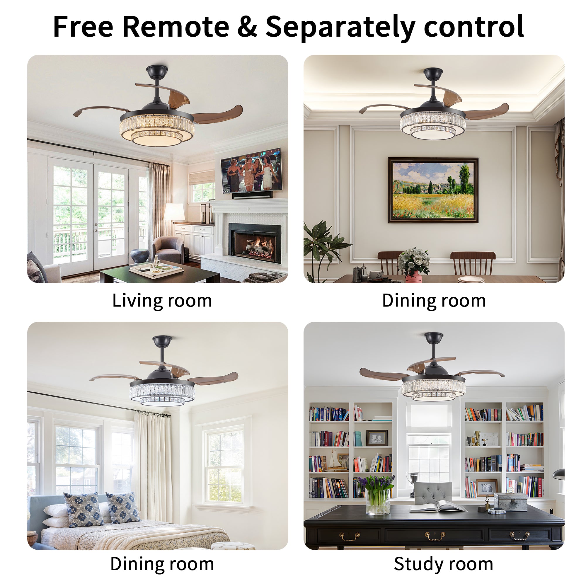 Modern LED retractable ceiling fan with lighting and remote control, silent reversible motor, 4-blade modern ceiling fan