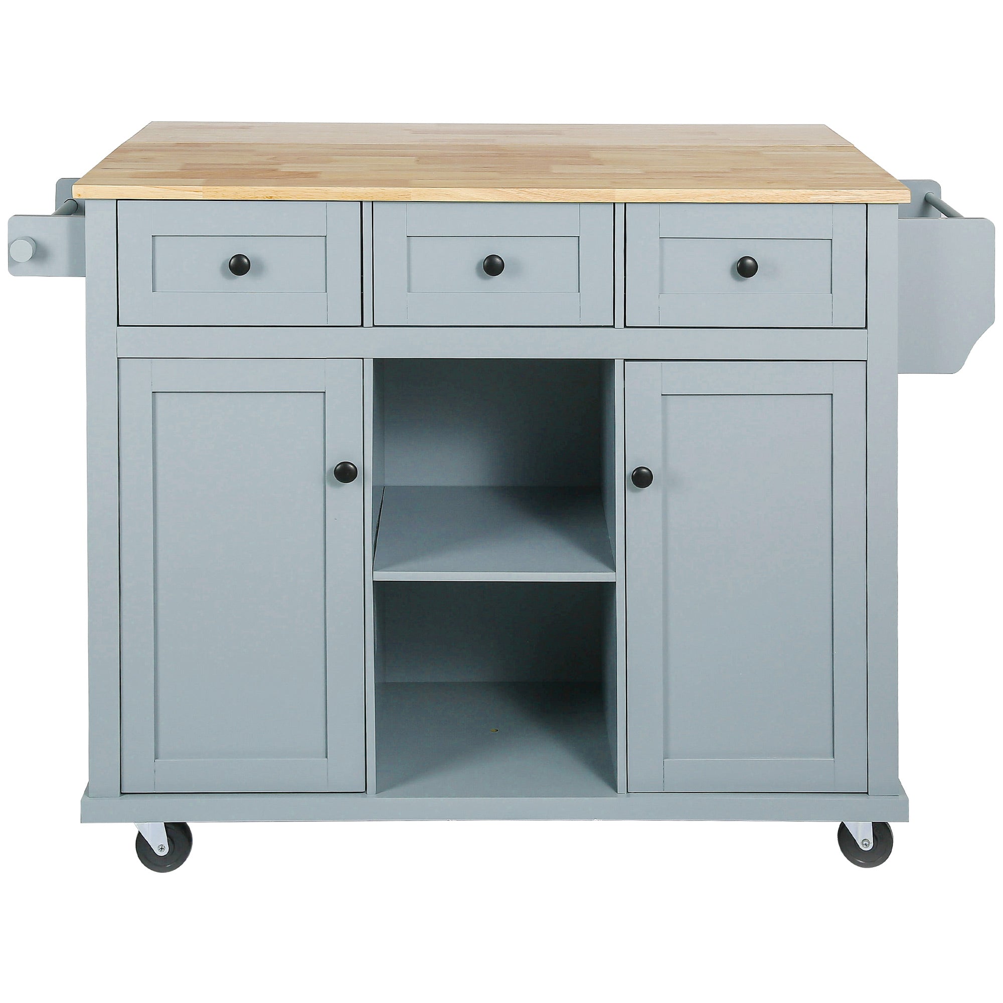 Kitchen handcart with rubber wood leaf countertop, storage cabinet, shelf, and 3 dining room drawers, gray blue