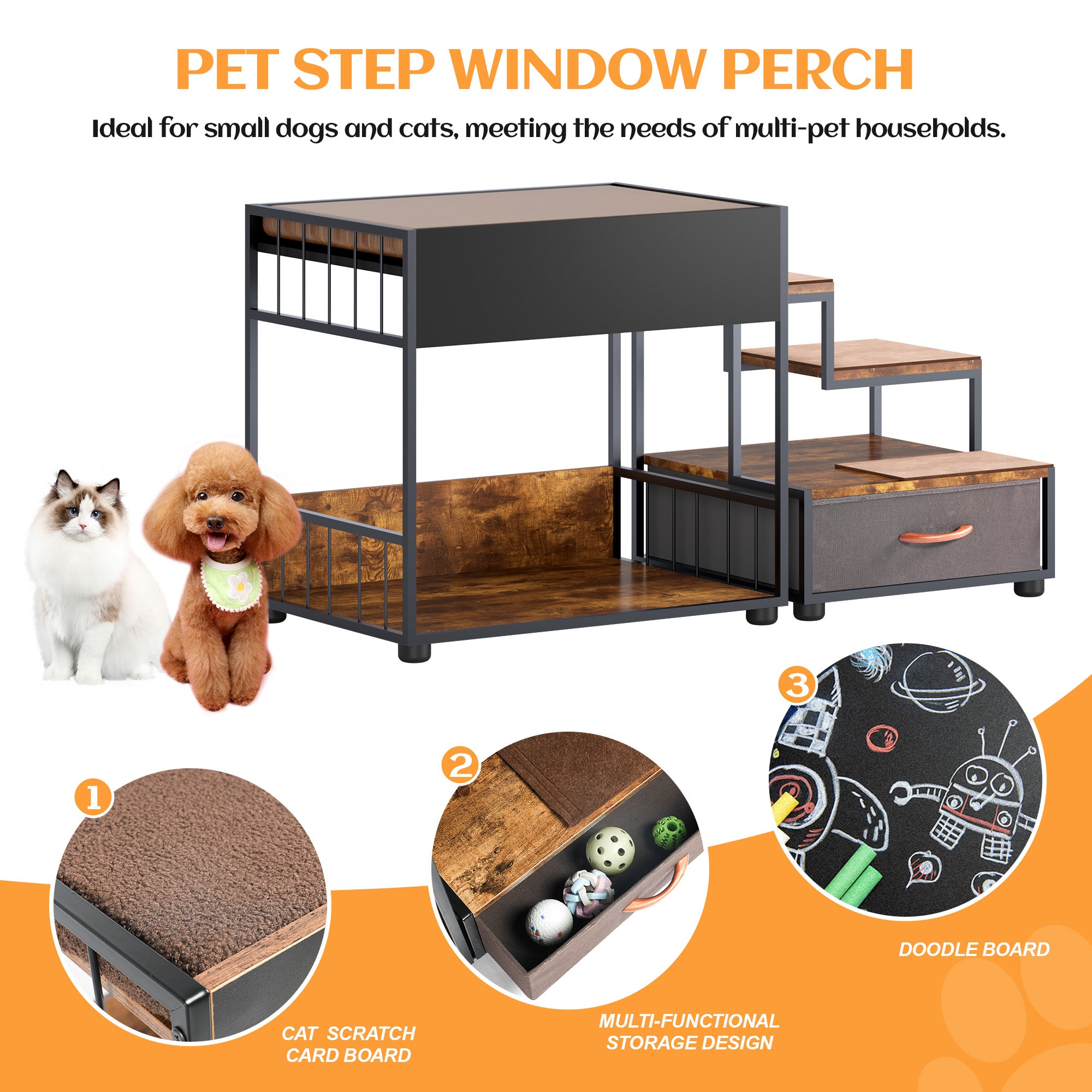 et Step Window Perch,Bunk Beds Window Perch for Dogs Bedside Lounge Elevated Dog Bed Multi-Level Platform with sponge Vintage