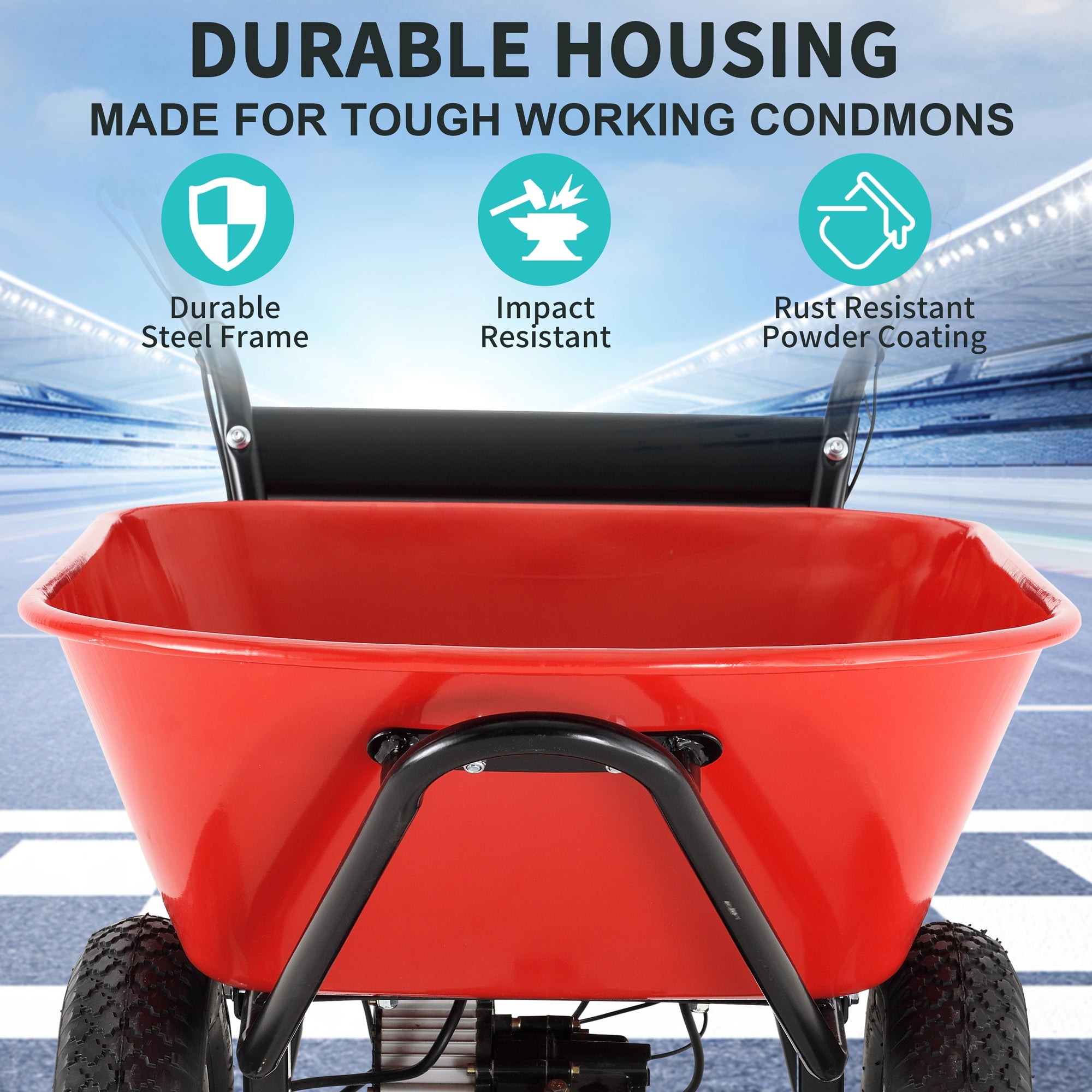 Red Rock Wheelbarrow Utility Cart Electric Powered AGM Battery 330lbs (150kgs) Max Capacity Barrel Dump Material Debris Hauler