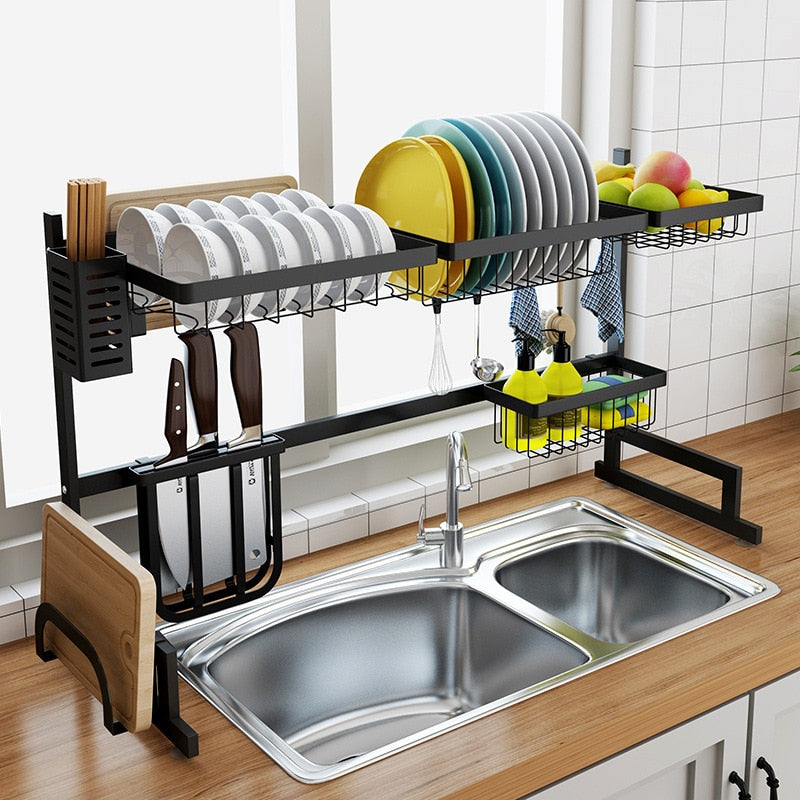 Égouttoir à vaisselle en acier inoxydable noir 65/85 cm en forme de U pour évier, support de rangement de cuisine à deux niveaux