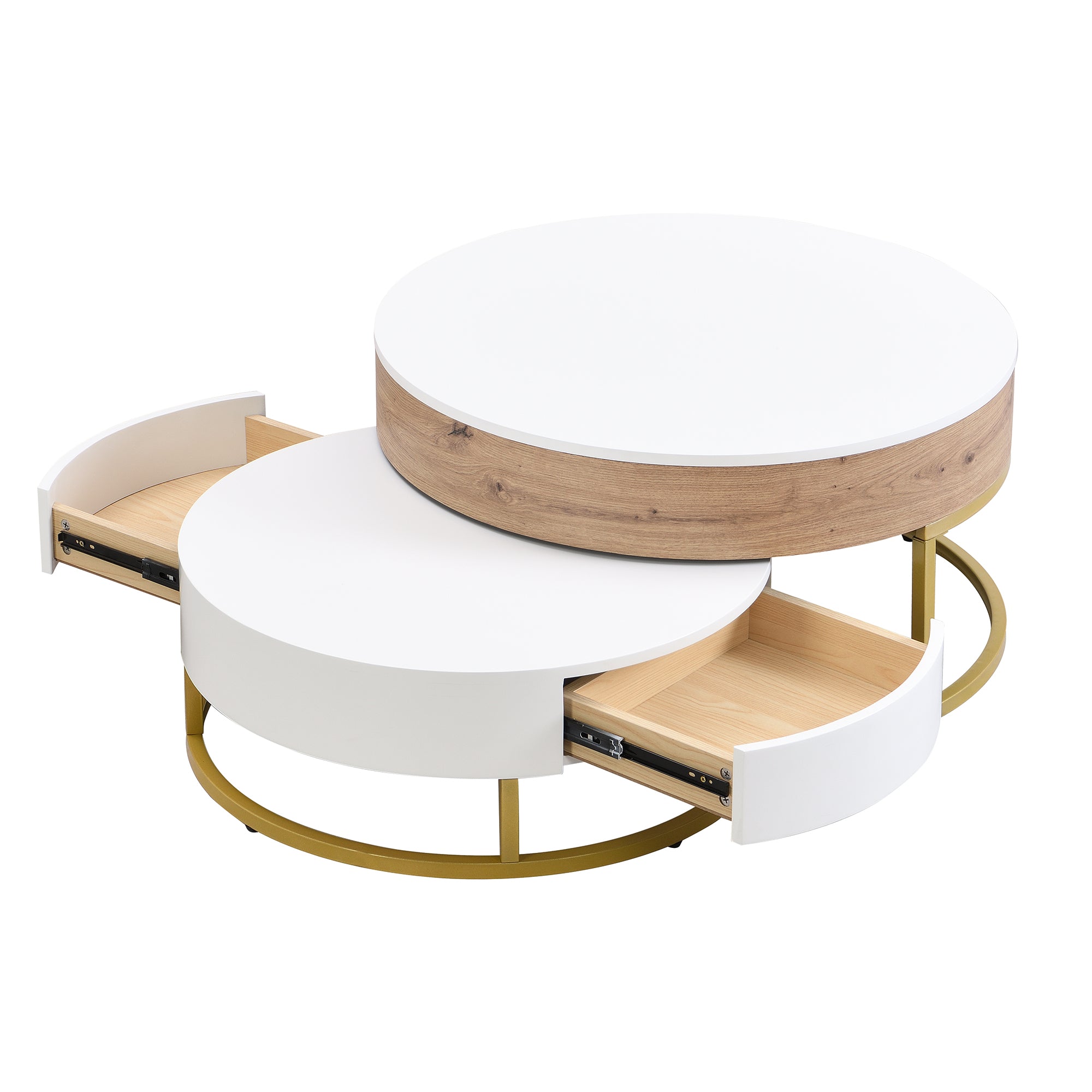 Modern Round Lift-top Nesting Coffee Tables with 2 Drawers White & Natural