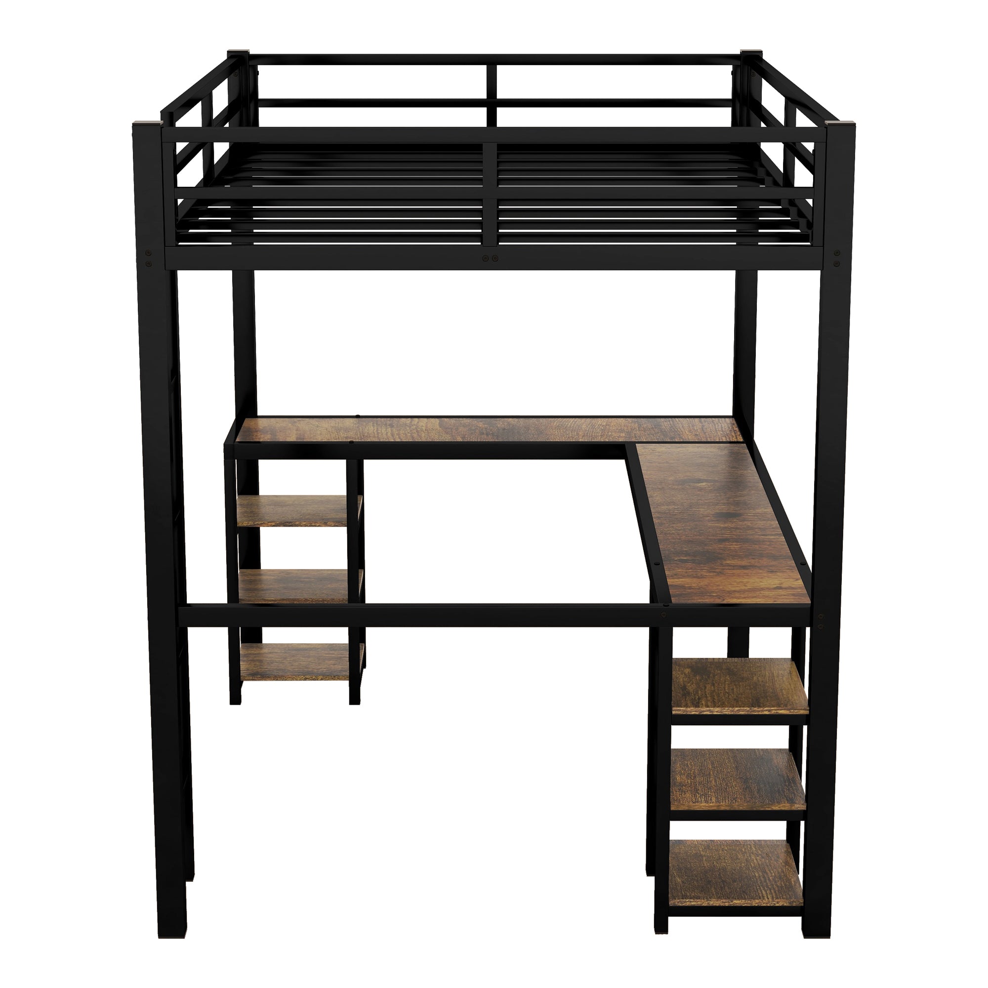 Full metal loft bed with desk and shelf, loft bed with ladder and guardrail, bedroom loft bed frame, black